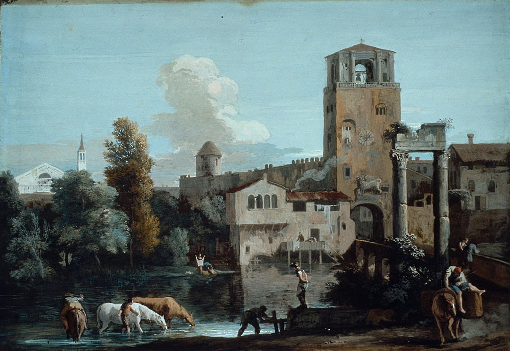 A Capriccio with Horses Watering in a River Outside a Walled Town: Marco Ricci,16x12"(A3) Poster