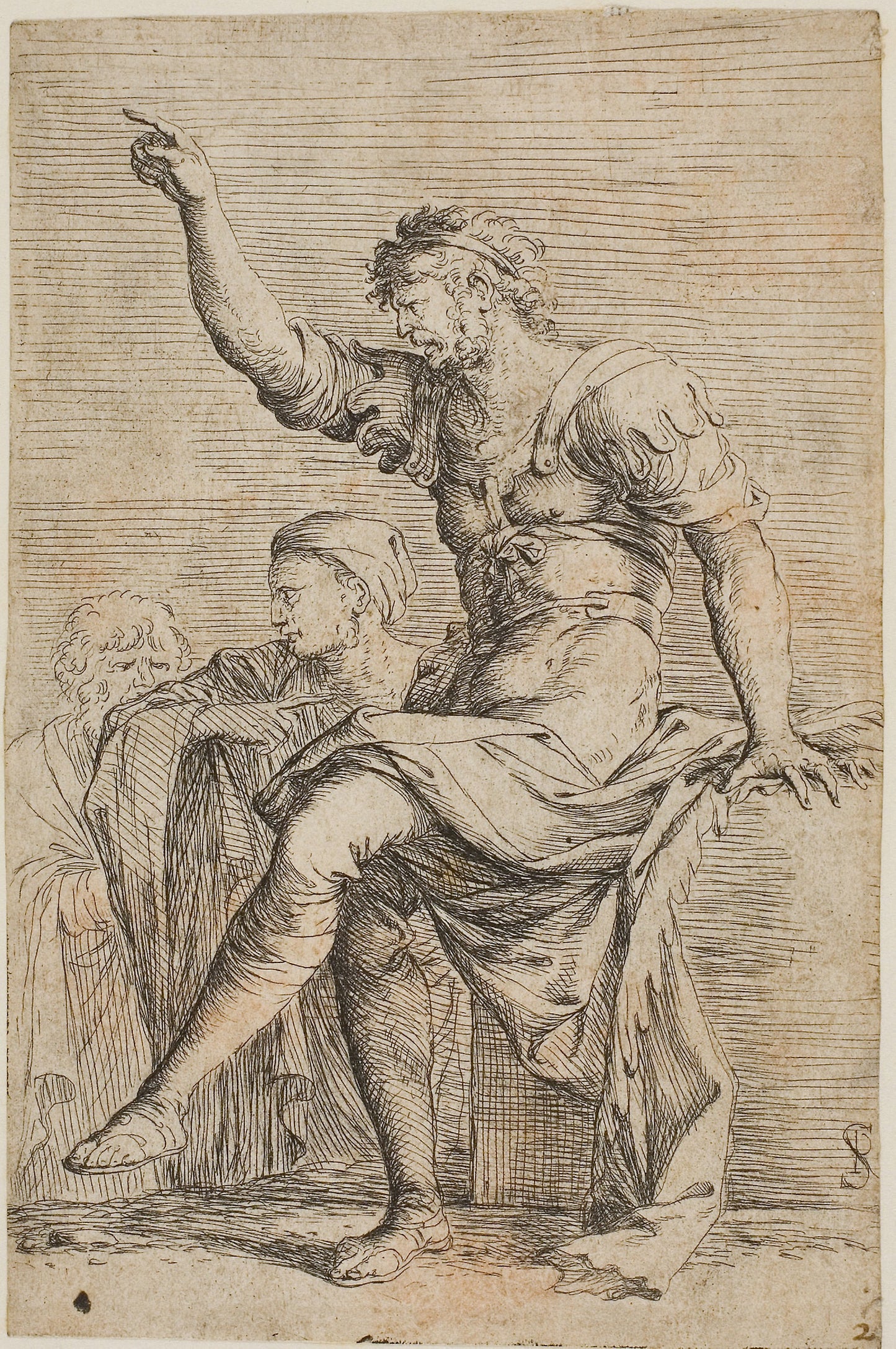 A warrior sits n a foreground block and gestues; two figure are behind him, from Figurine series -  Salvator Rosa,  Poster Print Wall Art