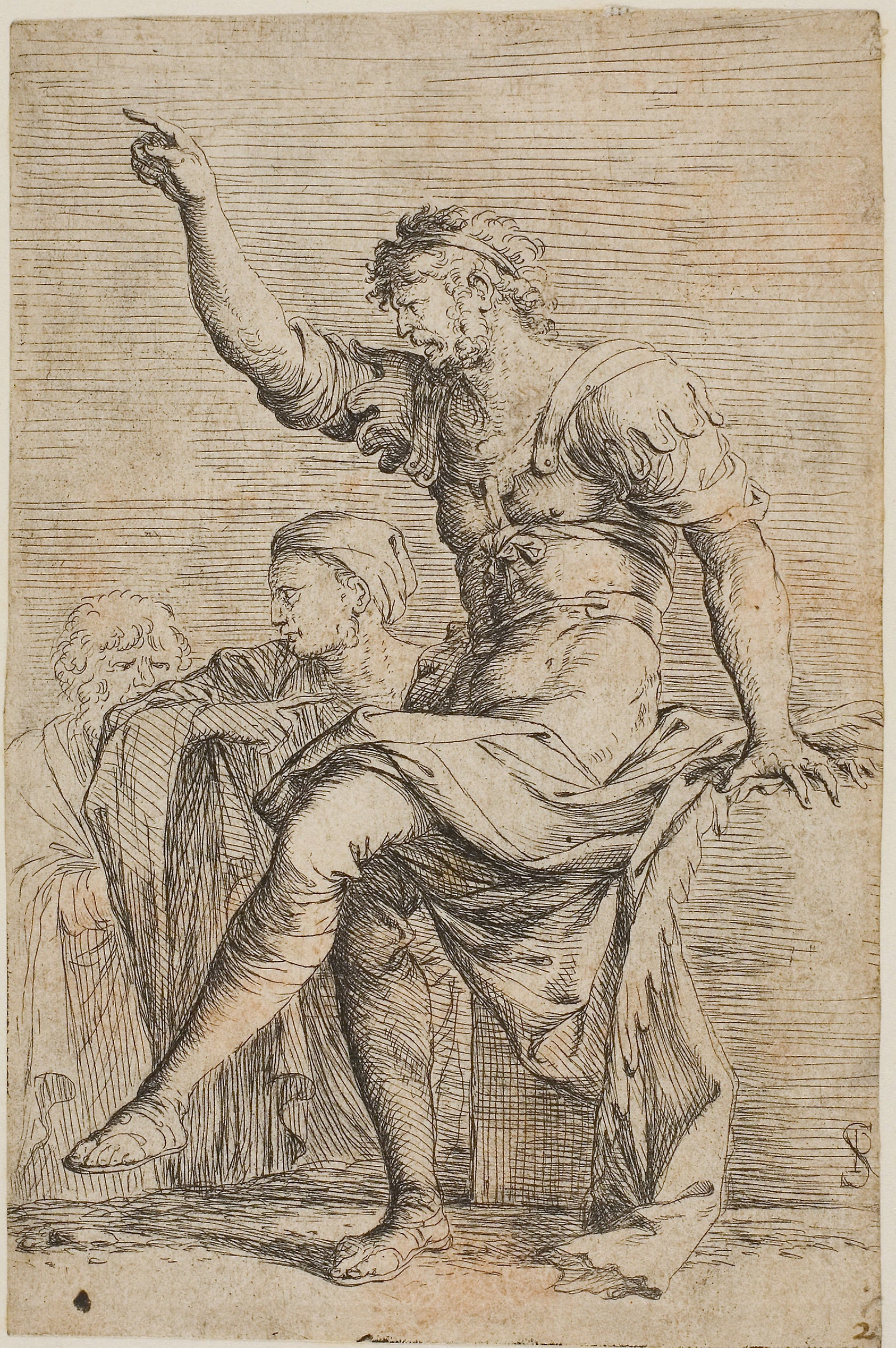 A warrior sits n a foreground block and gestues; two figure are behind him, from Figurine series: Salvator Rosa,16x12"(A3) Poster