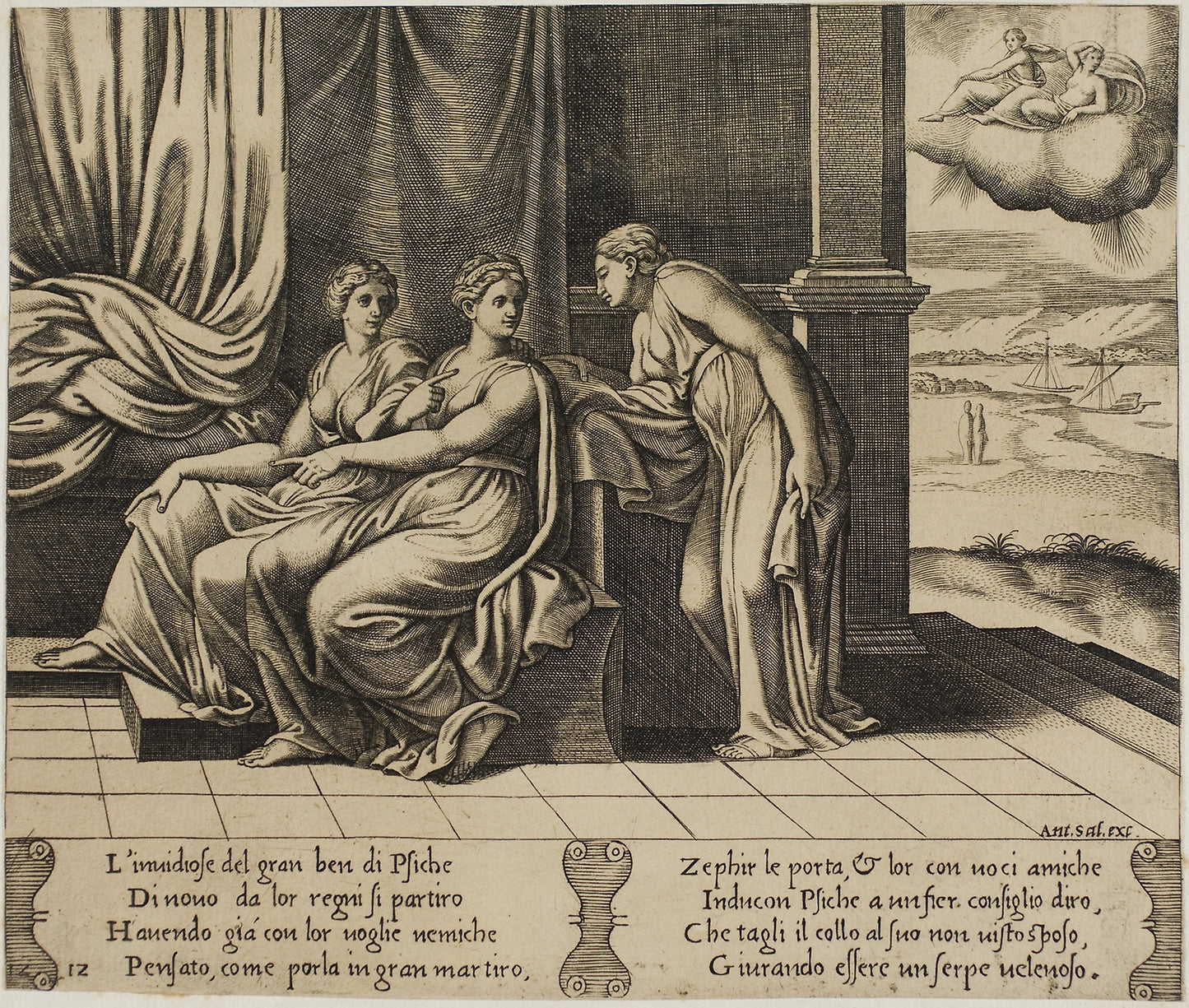 Psyche's Sisters...Persuade Her that a Serpent is Sleeping with Her -  Master of the Die (Italian, active c. 1530-1560),  Poster Print Wall Art