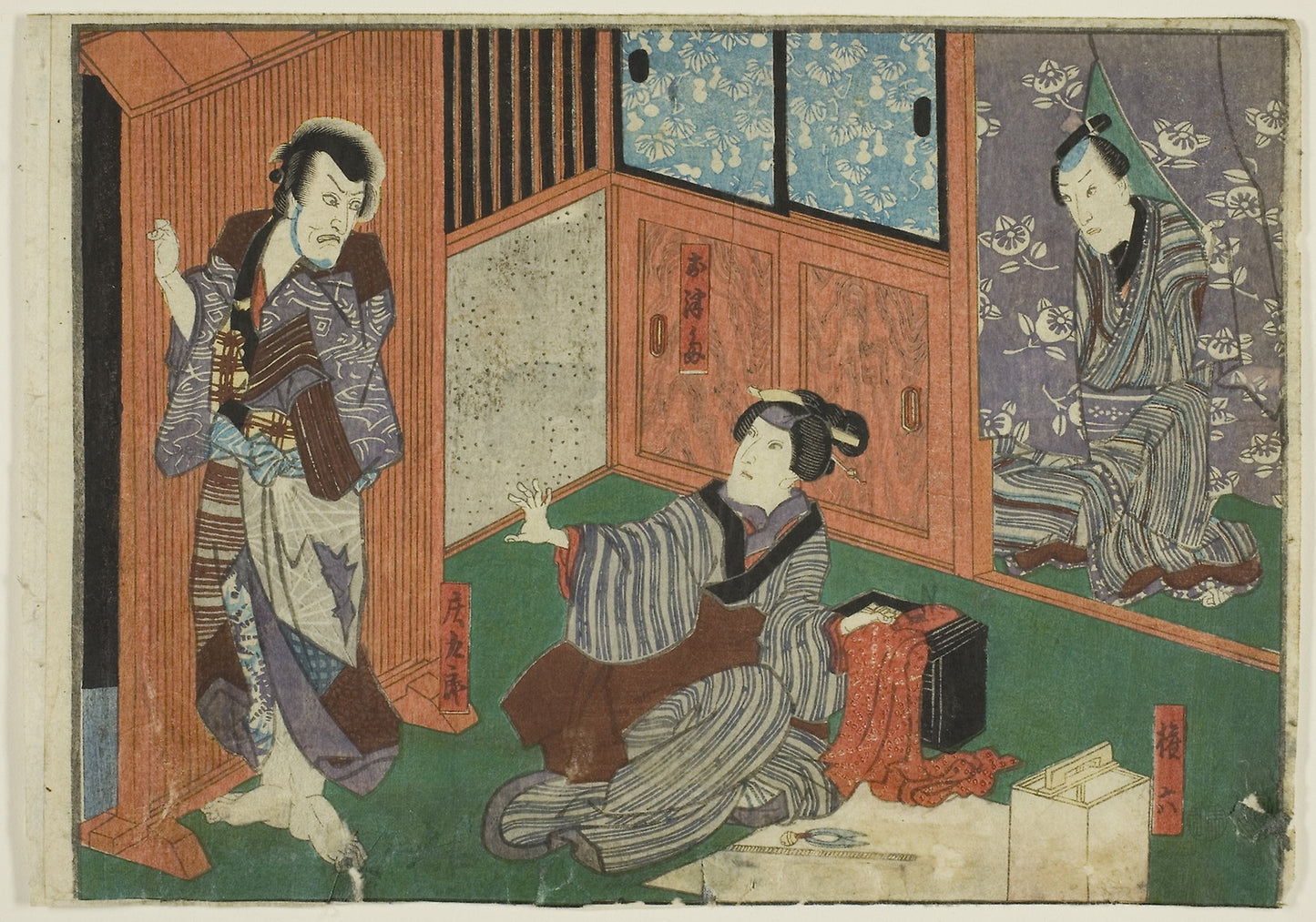 Actors as Genroku, Otsuma, and Shokuro, from an untitled series of half-block images of kabuki scenes -  Utagawa Kunisada I (Toyokuni III),  Poster Print Wall Art