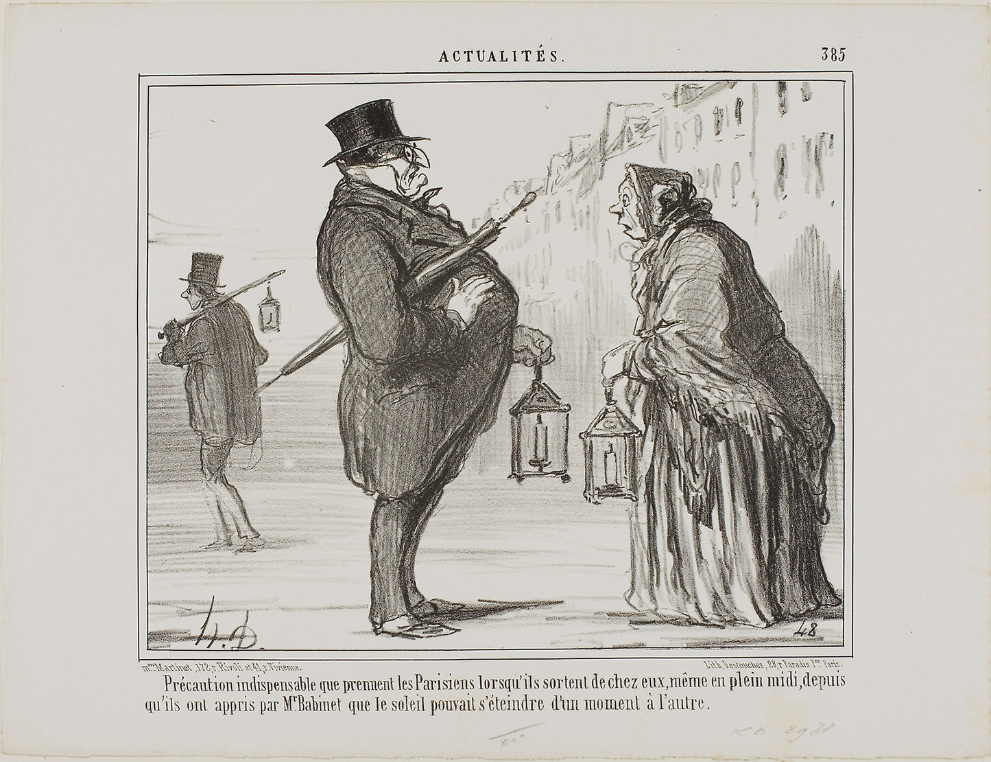 Ever since Mr. Babinet had announced that the sun might disappear from one moment to the next, the Parisians are taking all necessary precautions, even at mid-day, plate 385 from Actualités -  Honoré Victorin Daumier,  Poster Print Wall Art