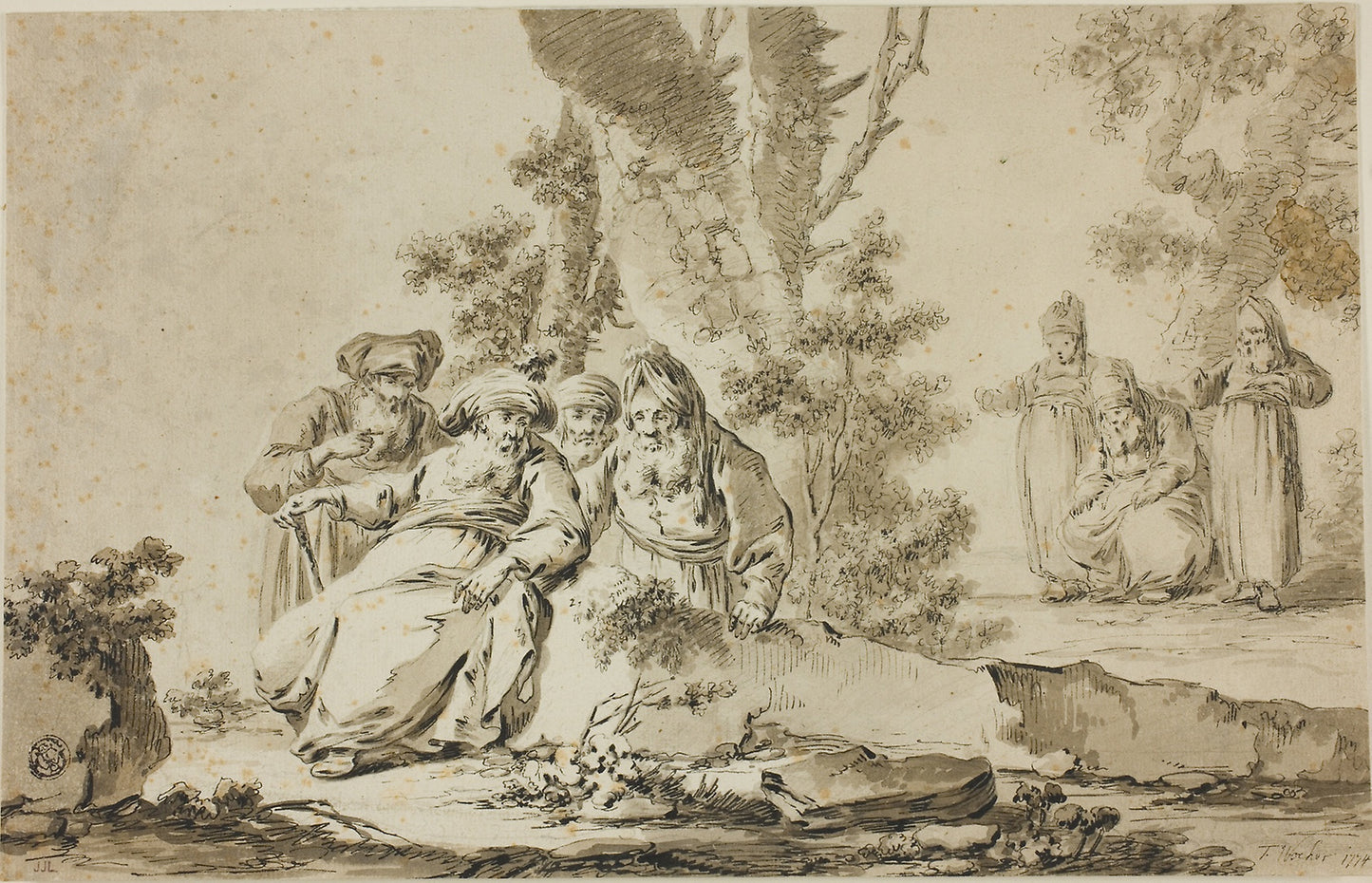 Figures in Oriental Costume in a Landscape -  Tiberius Dominikus Wocher,  Poster Print Wall Art