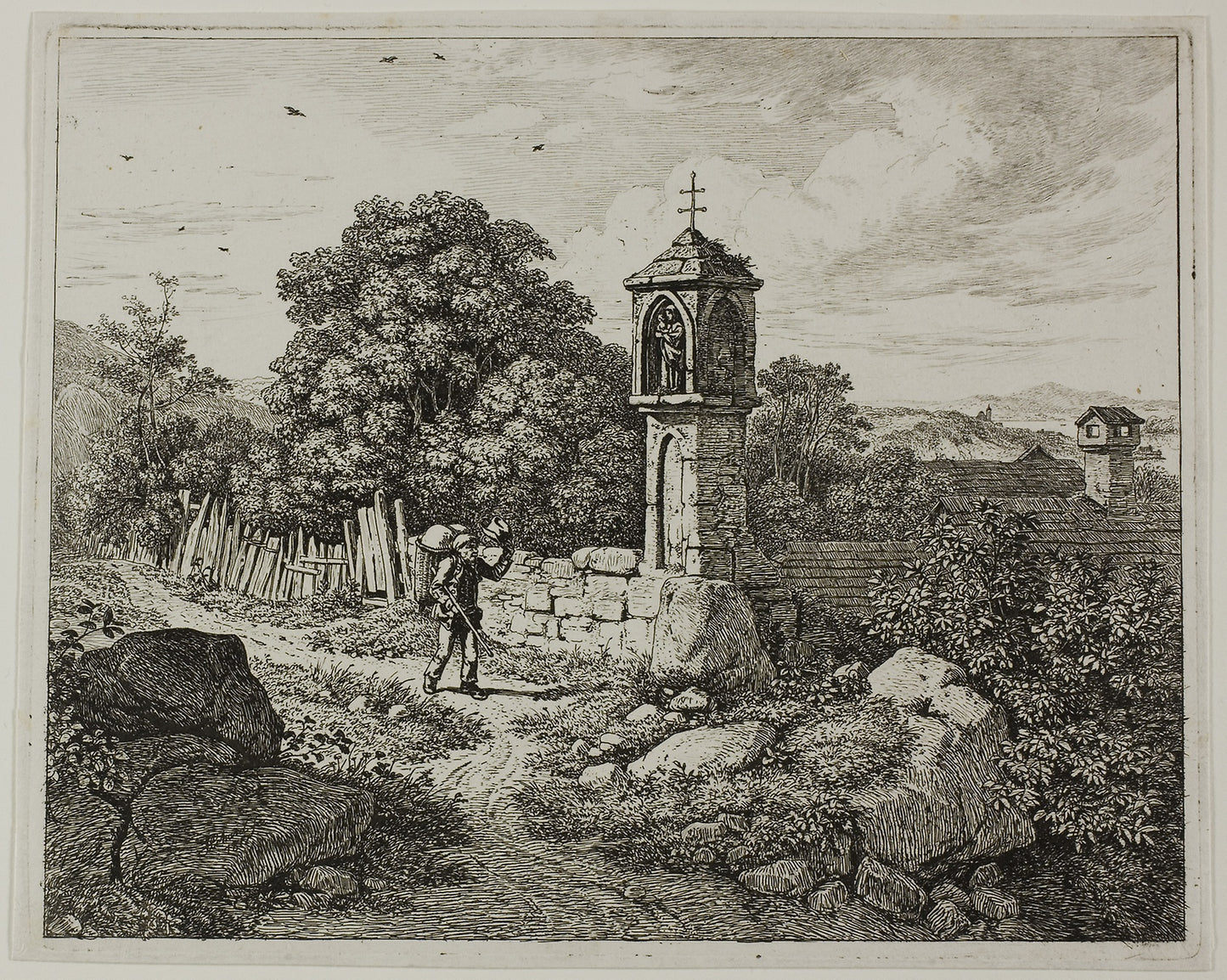 Farmer Greeting a Roadside Shrine of the Madonna, plate one from Die zwei grossen Landschaften mit den Betsäulen -  Johann Christoph Erhard,  Poster Print Wall Art