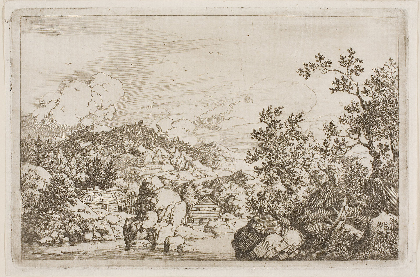 River Between Rocks and Wooden Huts -  Allart van Everdingen,  Poster Print Wall Art