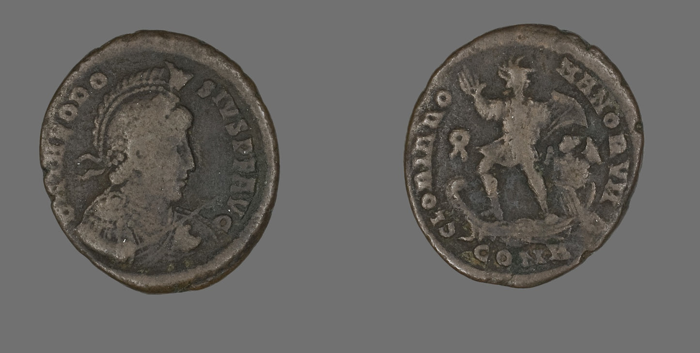 Coin Portraying the Emperor Theodosius -  Roman, minted in Constantinople,  Poster Print Wall Art