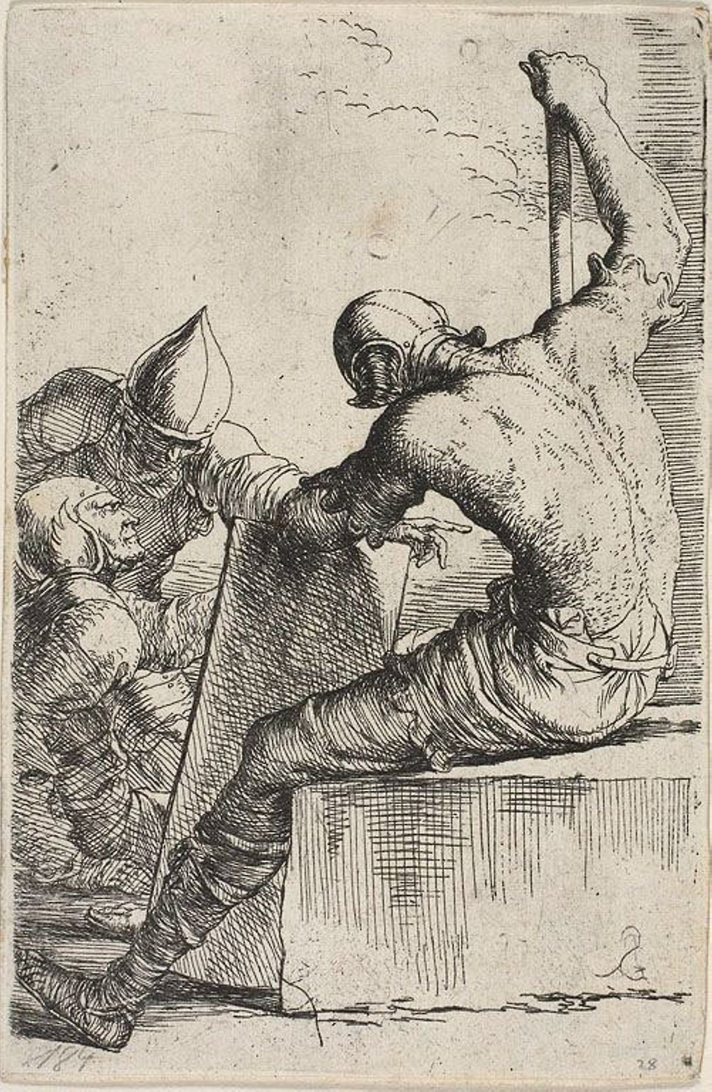 A warrior, seated on a foreground block, holds a shield and staff and turns toward two warriors behind him, from Figurine series -  Salvator Rosa,  Poster Print Wall Art