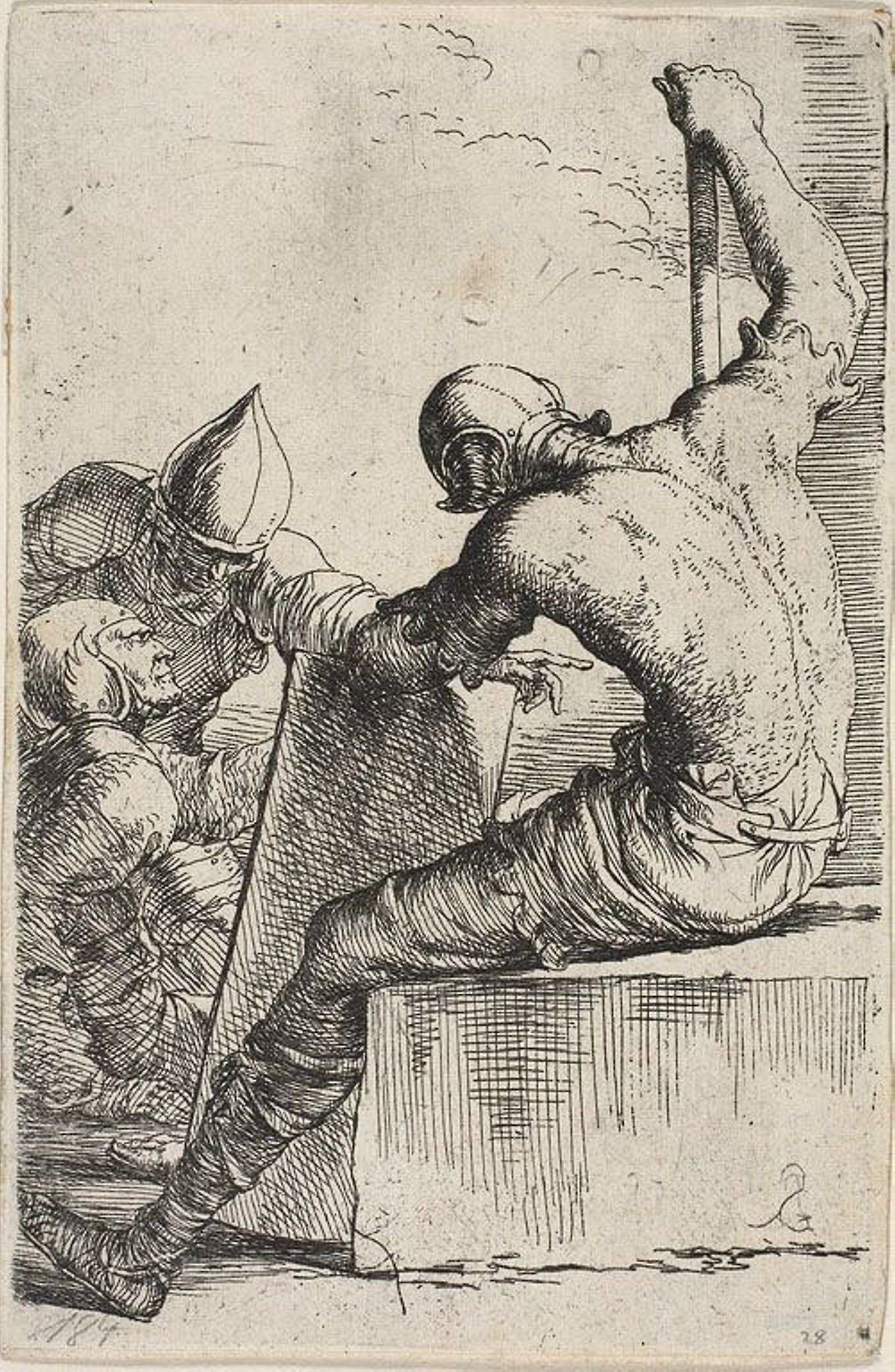 A warrior, seated on a foreground block, holds a shield and staff and turns toward two warriors behind him, from Figurine series: Salvator Rosa,16x12"(A3) Poster