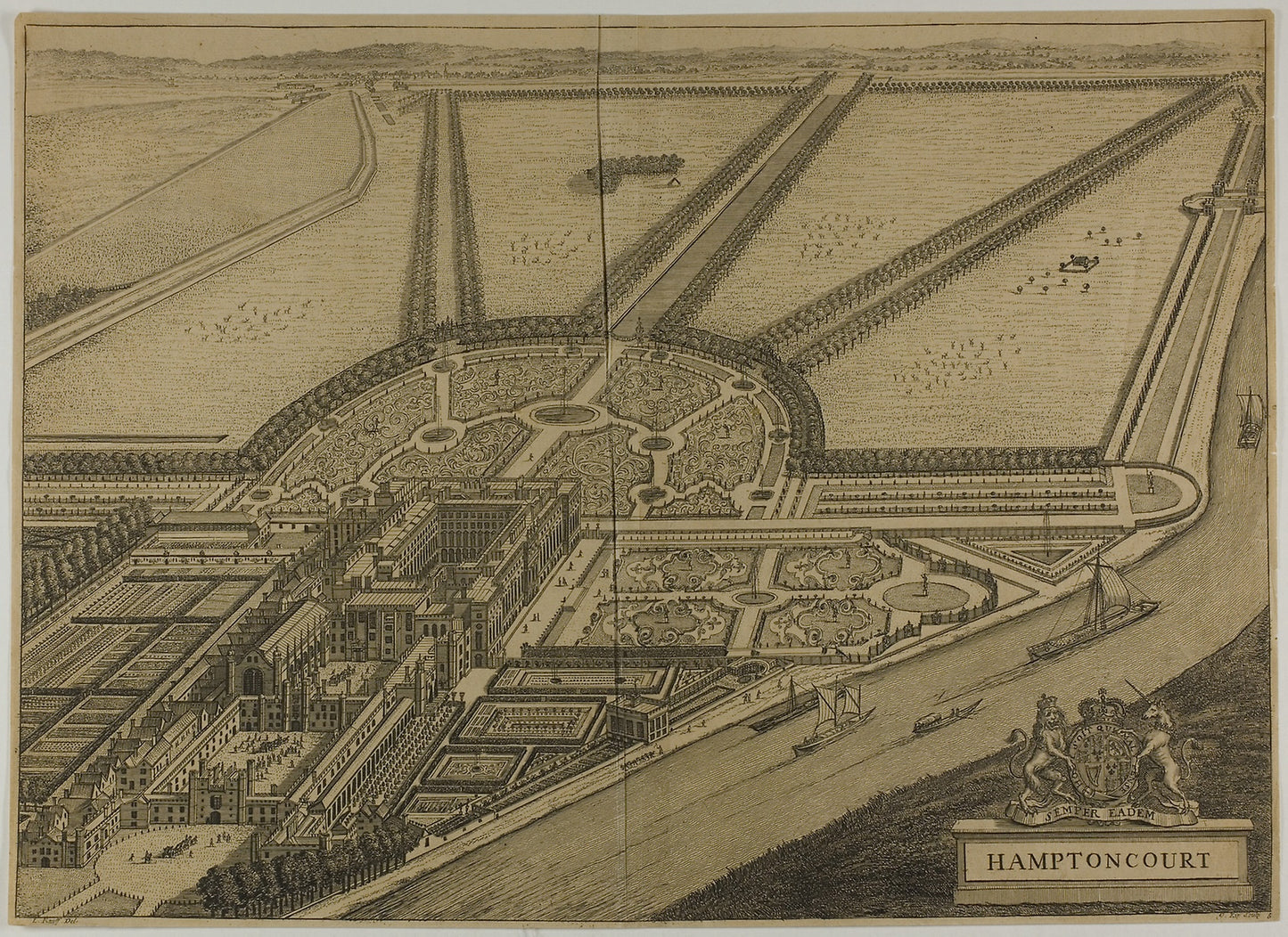 Hampton Court, plate six from Britannia Illustrata -  Jan Kip (Dutch, c. 1653-1722),  Poster Print Wall Art