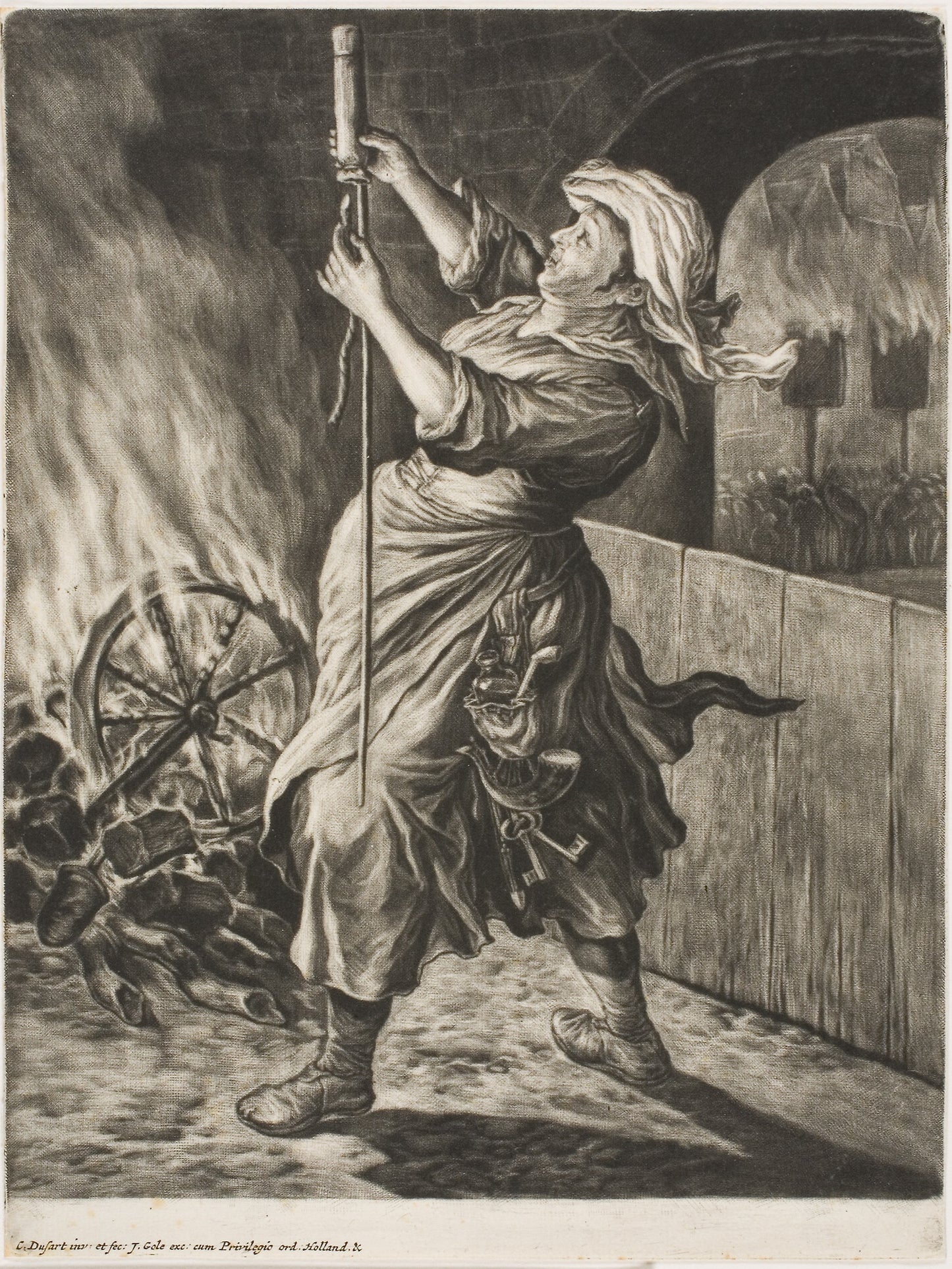 Woman Lighting a Rocket, also called Peace Gets Me Going, from Communia Gaudia (The Wide-Spread Rejoicing at the Siege of Namur) -  Cornelis Dusart (Dutch, 1660-1704),  Poster Print Wall Art