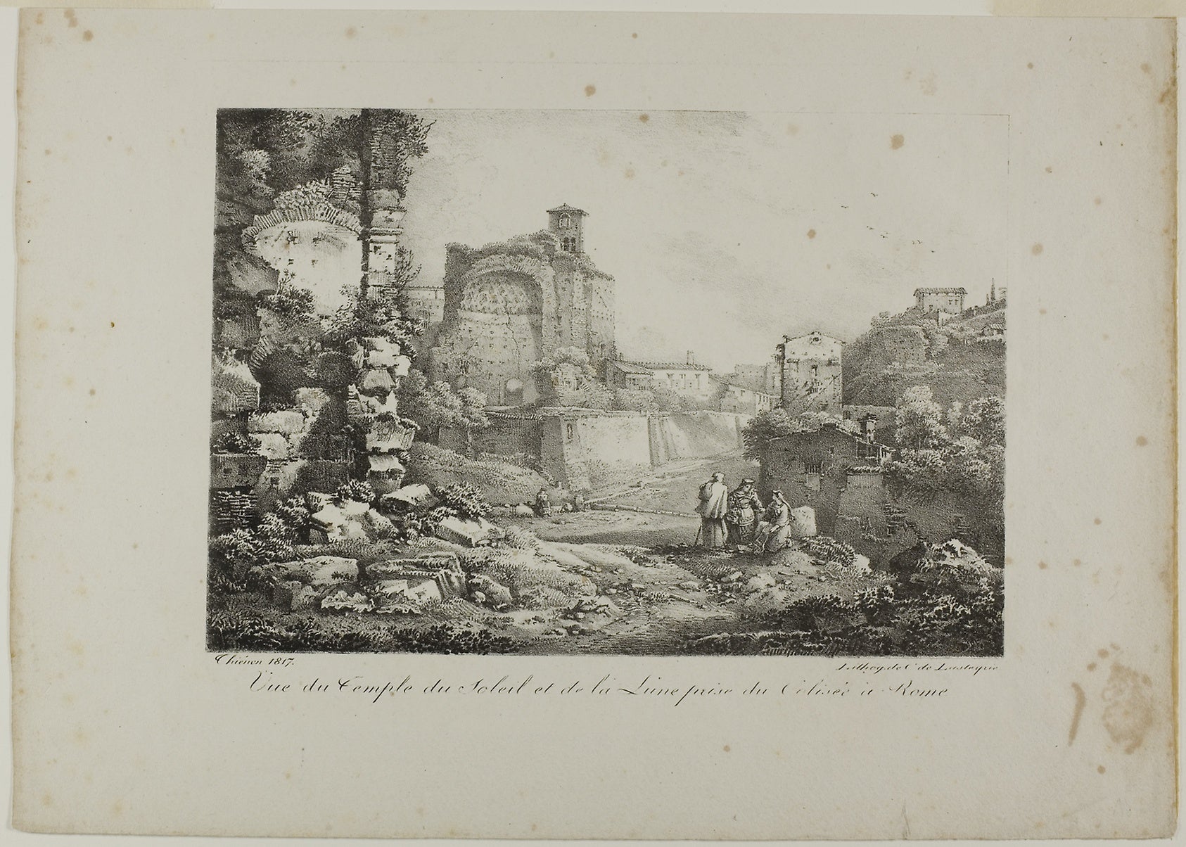 View of the Temple of the Sun and Moon from the Coliseum in Rome: Claude Thiénon (French, 1772-1846),16x12"(A3) Poster