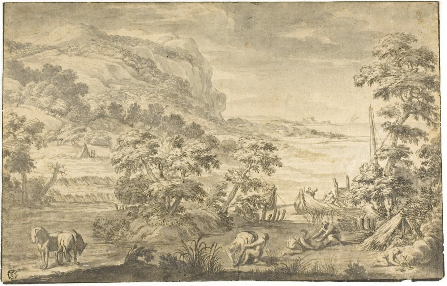 Italianate Coastal Scene with Fishermen, Encampment (recto); River Estuary (verso) -  After Pietro da Cortona,  Poster Print Wall Art