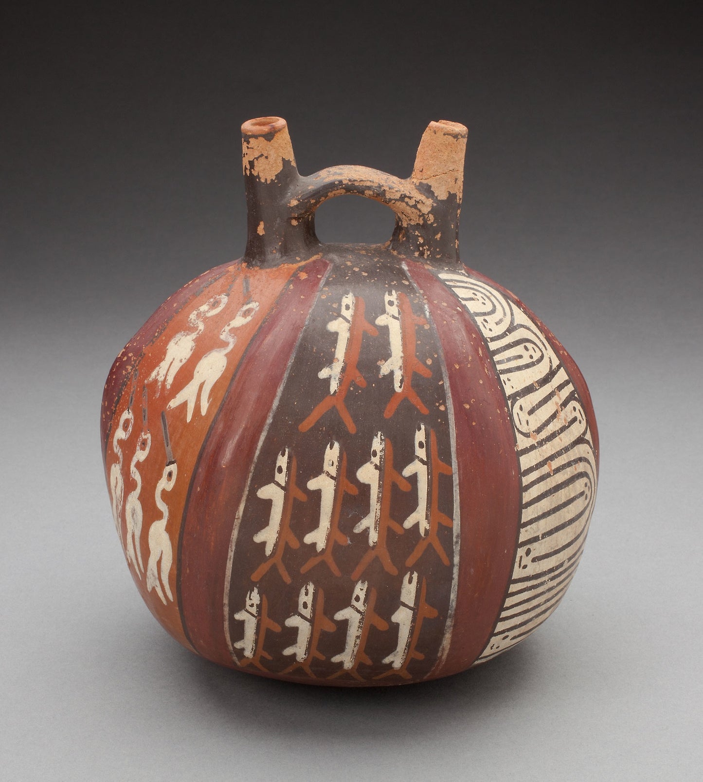 Double Spout Vessel with Vertical Bands Depicting Fish, Birds, and Geometric Motifs -  Nazca,  Poster Print Wall Art