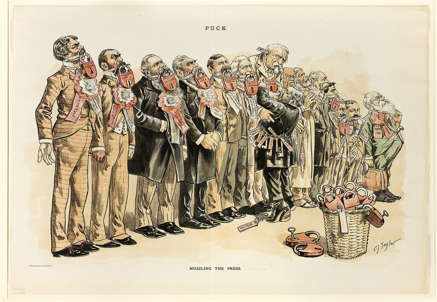 Muzzling the Press, from Puck -  Taylor, C. Jay (American, 1855-1929),  Poster Print Wall Art