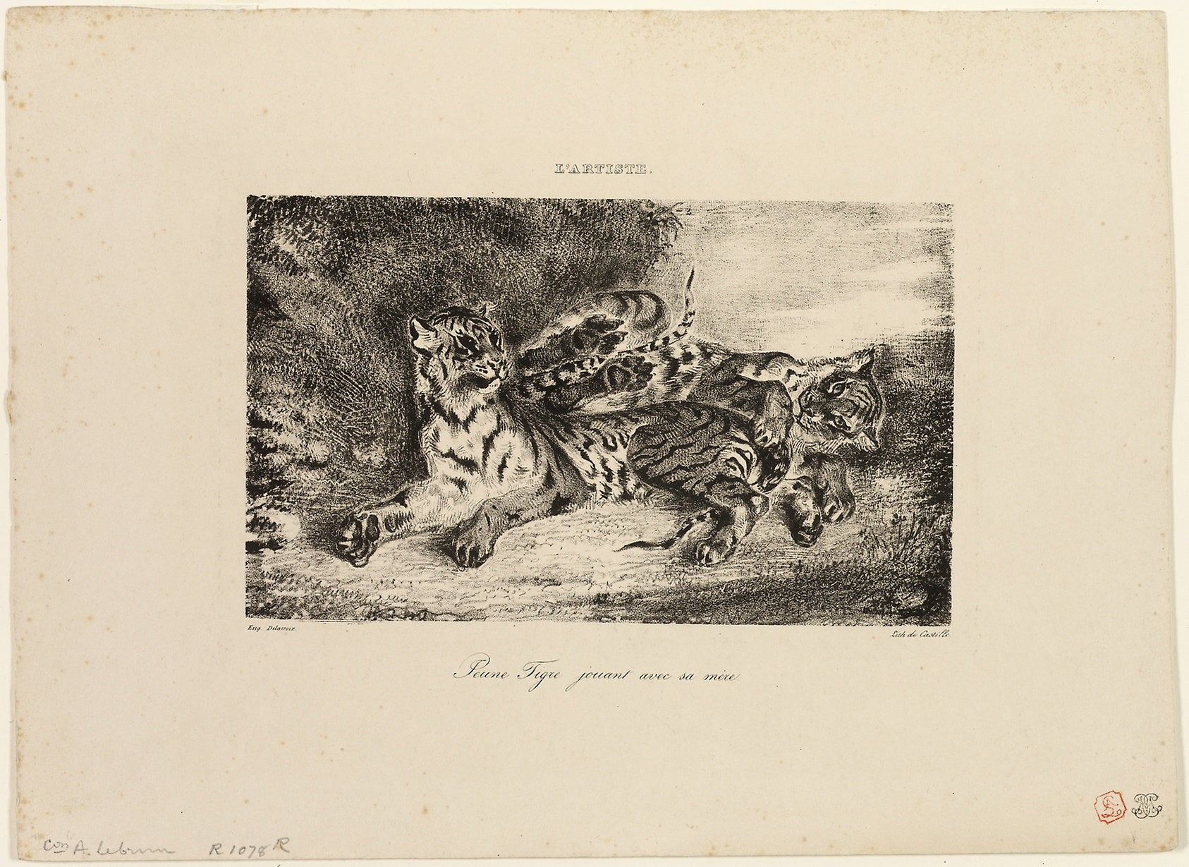 Young Tiger Playing with Its Mother: Eugène Delacroix (French, 1798-1863),16x12"(A3) Poster