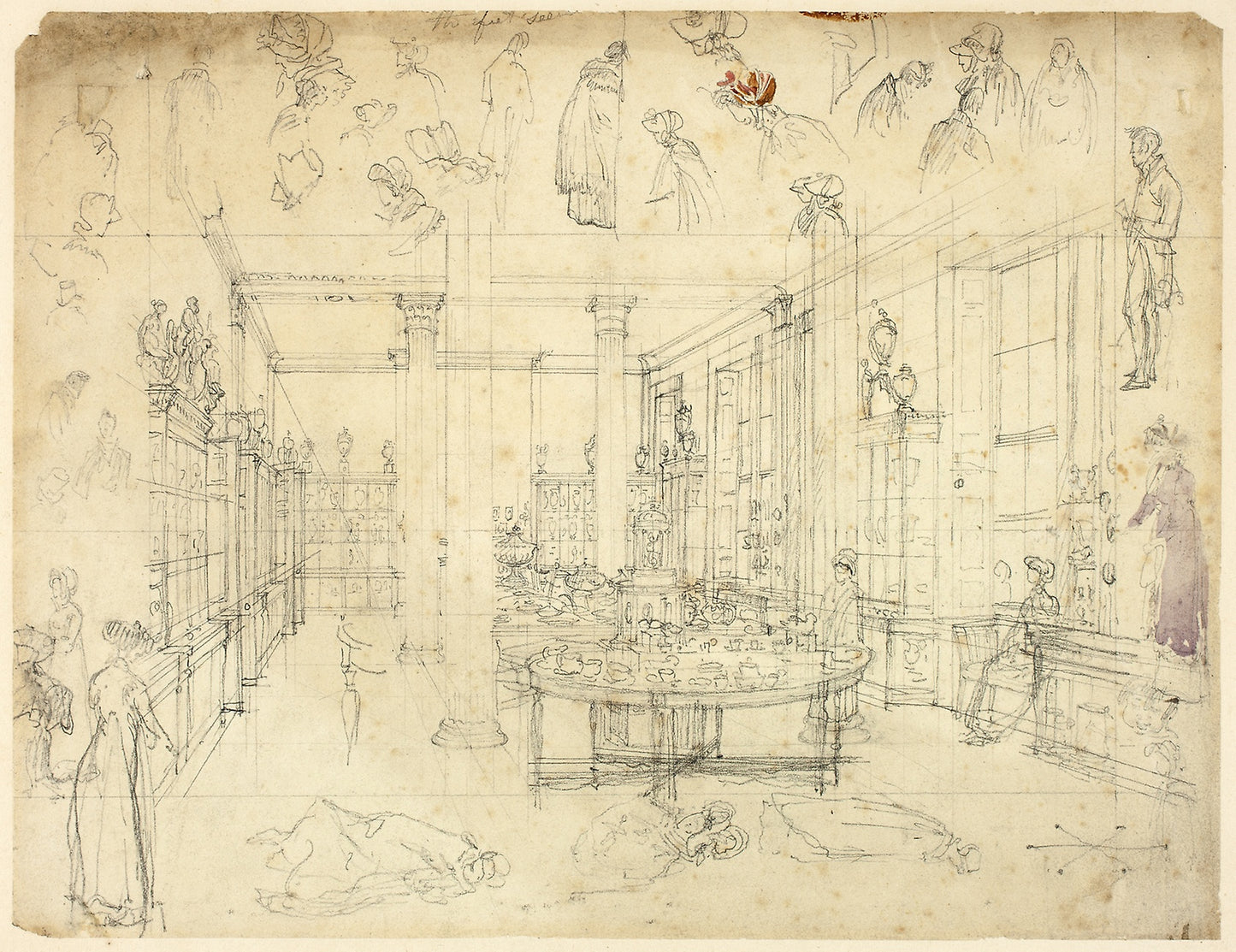 Study for Wedgwood and Byerly, York Street, St James' Square from London in Miniature (recto); Sketches of Women, Cabinet (verso) -  Augustus Charles Pugin (English, born France, 1762-1832),  Poster Print Wall Art