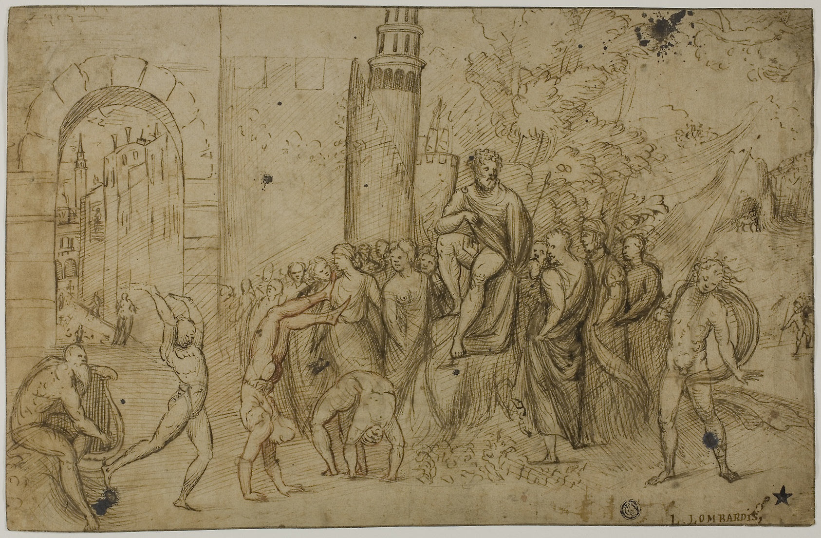 Acrobats Performing Before a Ruler (recto); Outdoor Scene with Group of Figures (verso): Attributed to Giovanni Antonio de'Sacchis, called Il Pordenone,16x12"(A3) Poster