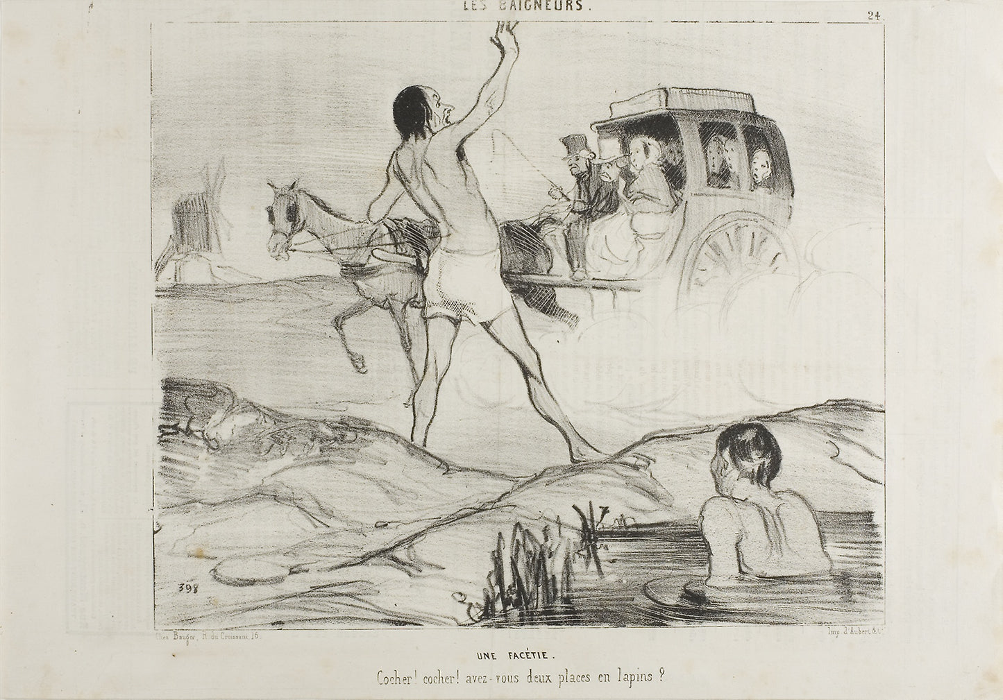 A Practical Joke. "Driver! Driver! Do you still have two seats in the rabbit section??,” plate 24 from Les Baigneurs: Honoré Victorin Daumier,16x12"(A3) Poster