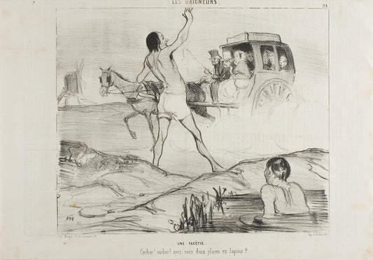 A Practical Joke. "Driver! Driver! Do you still have two seats in the rabbit section??,” plate 24 from Les Baigneurs: Honoré Victorin Daumier,16x12"(A3) Poster