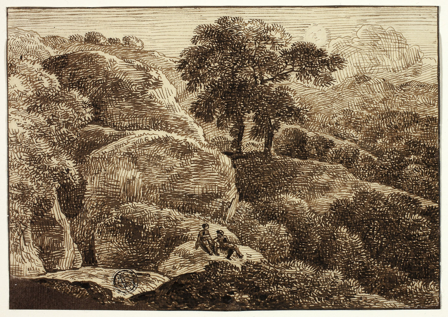 Two Figures Resting on Hillside near Two Trees -  Possibly Franz Kobell,  Poster Print Wall Art