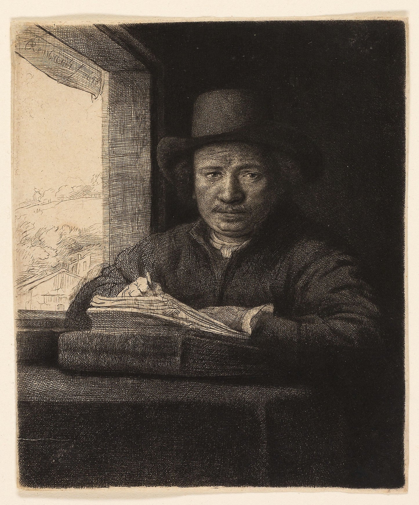 Self-Portrait Etching at a Window -  Rembrandt van Rijn,  Poster Print Wall Art