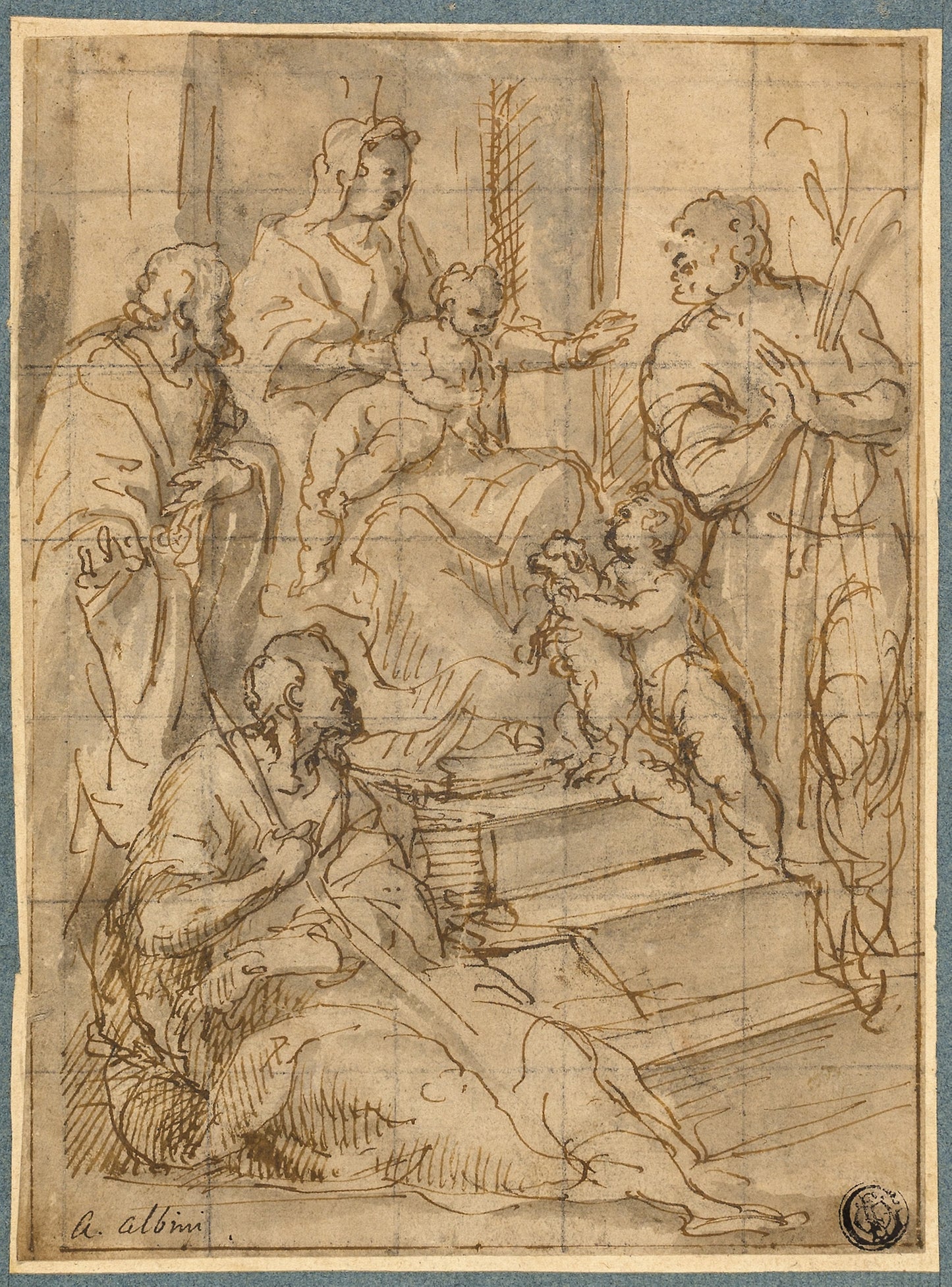 Holy Family with the Infant Saint John the Baptist and Two Male Saints -  Alessandro Albini,  Poster Print Wall Art