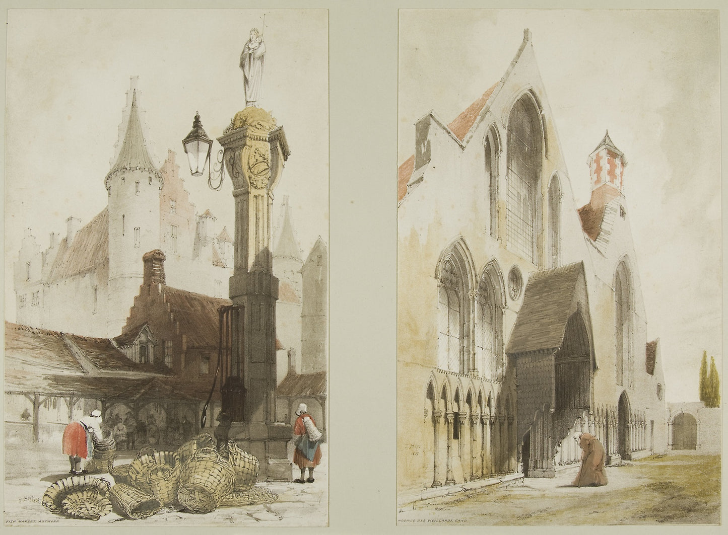 Fish Market, Antwerp and Hospice des Vieillards, Cand, from Picturesque Architecture in Paris, Ghent, Antwerp, Touen, etc. -  Thomas Shotter Boys (English, 1803-1874),  Poster Print Wall Art
