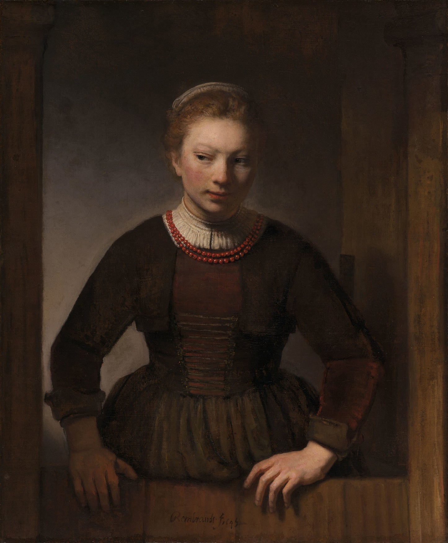 Young Woman at an Open Half-Door: Rembrandt Harmenszoon van Rijn (Workshop of), Poster Print Wall Art