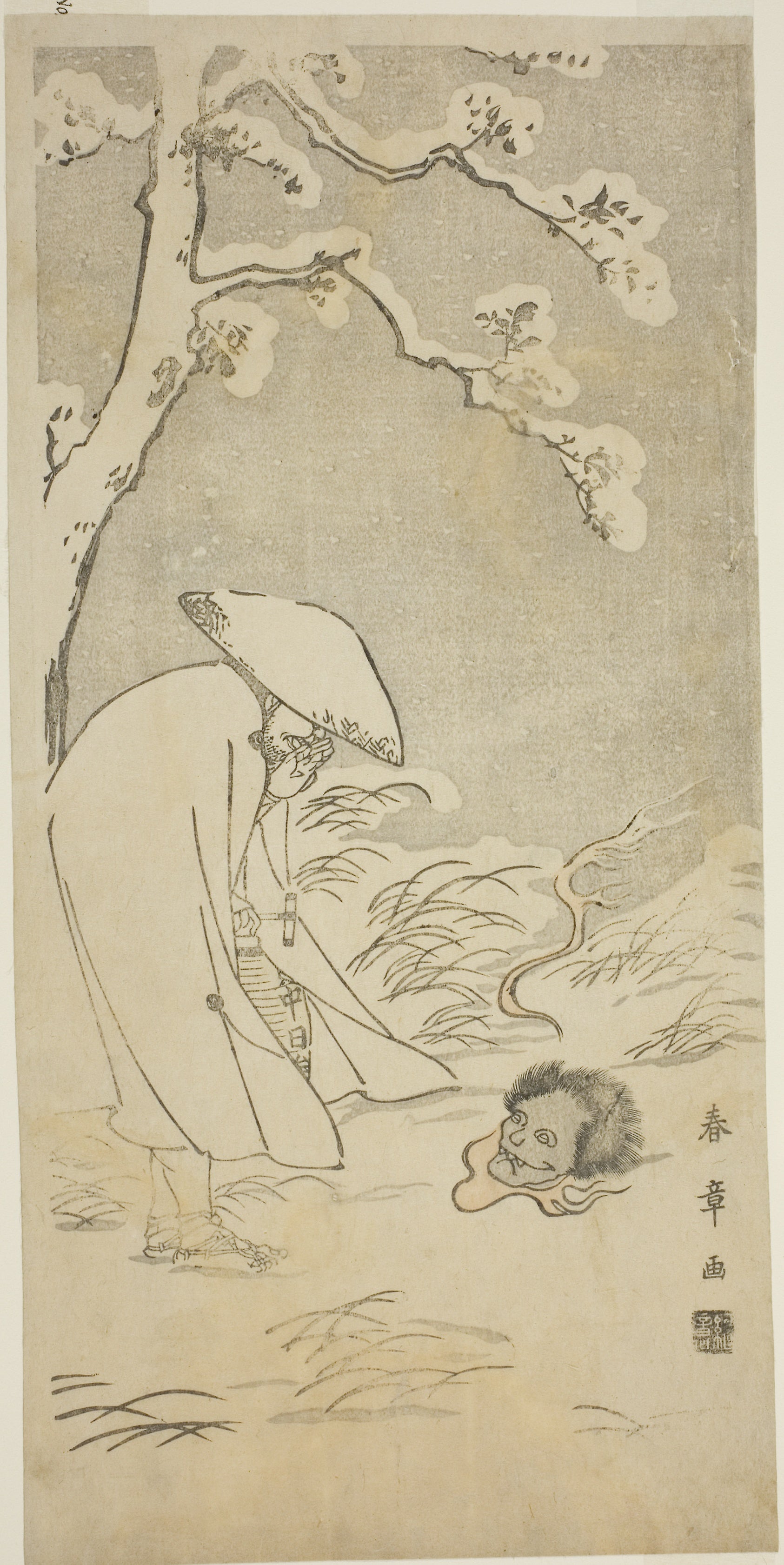 A Pilgrim Praying through the Night to the Buddha (kannenbutsu) is Startled: a Ghostly Head Lying on the Snow-Covered Ground: Katsukawa Shunsho ?? ??,16x12"(A3) Poster