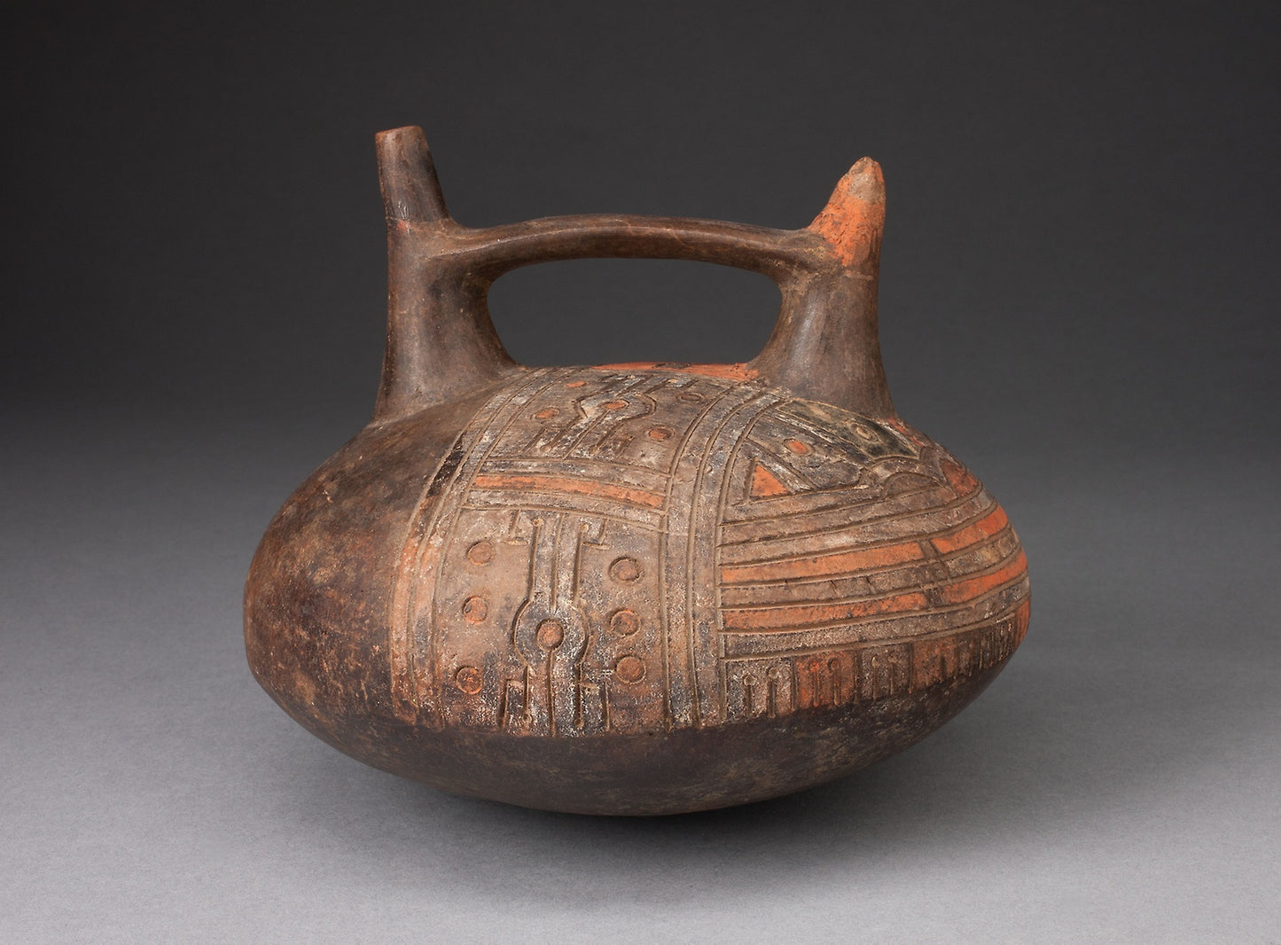 Double Spout and Bridge Vessel Depicting Incised and Painted Abstract Feline Face -  Paracas,  Poster Print Wall Art