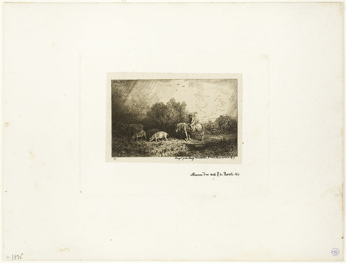 Landscape with Man on Horseback, Pigs and Cow: Charles Émile Jacque,16x12