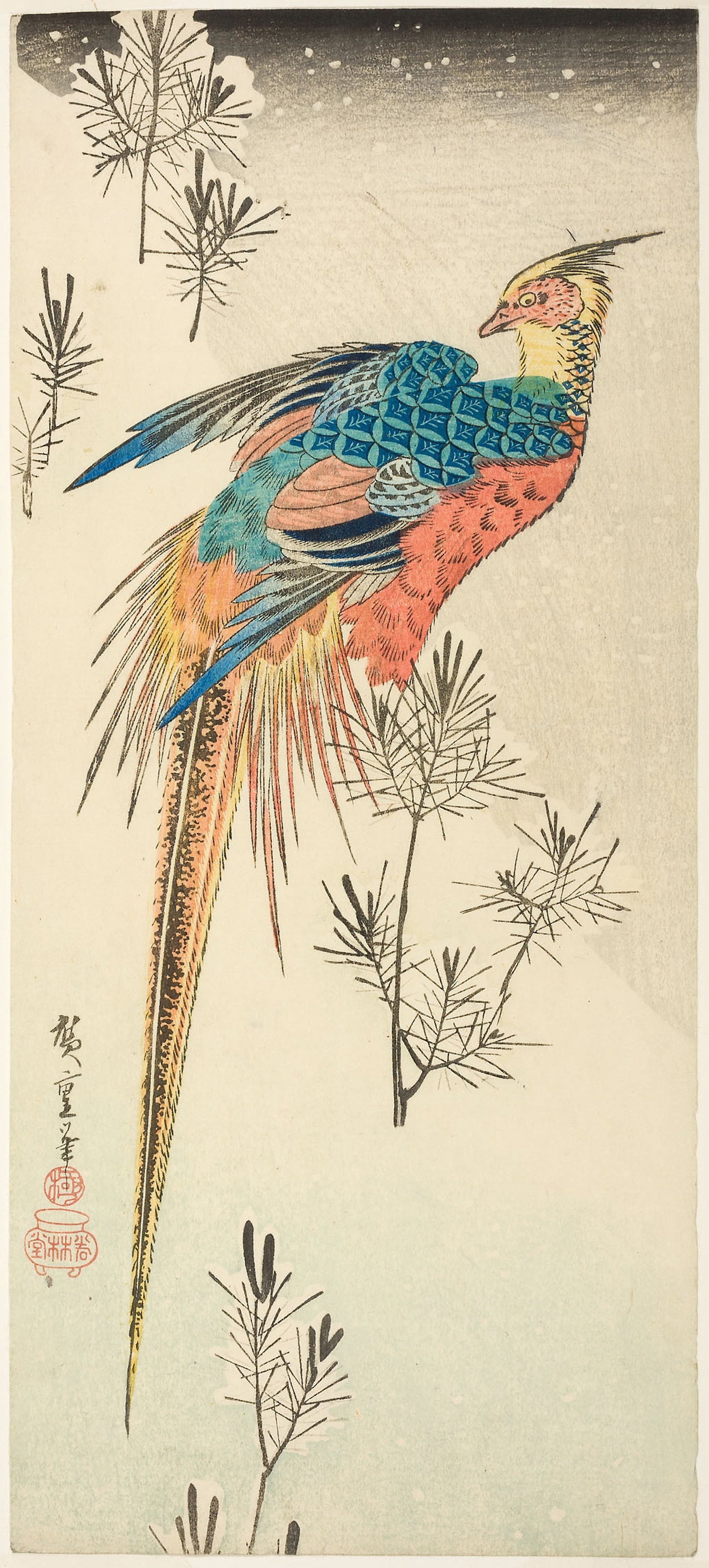 A Golden Pheasant Perched on a Steep Snowy Hillside amid Small Pine Saplings: Utagawa Hiroshige ?? ??,16x12"(A3) Poster