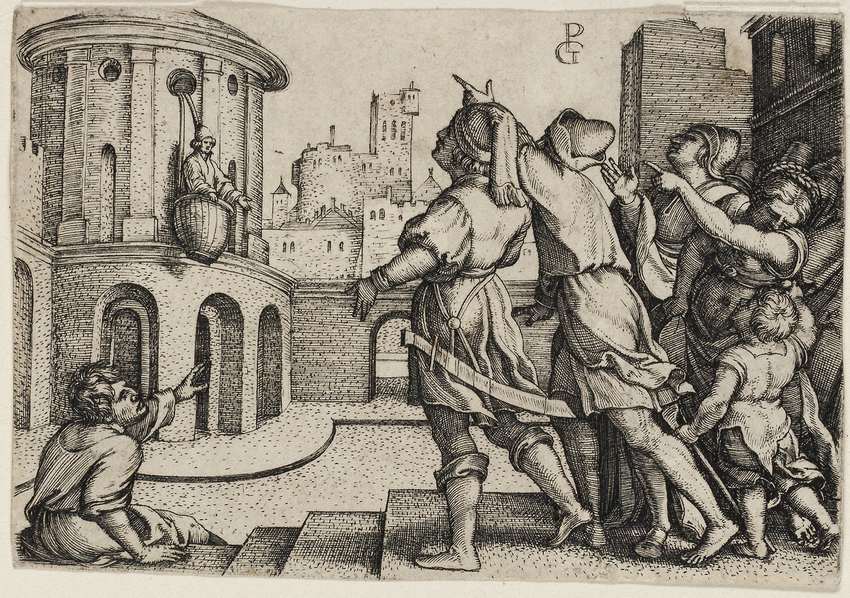 Virgil Suspended in a Basket, copy: After Georg Pencz,16x12"(A3) Poster