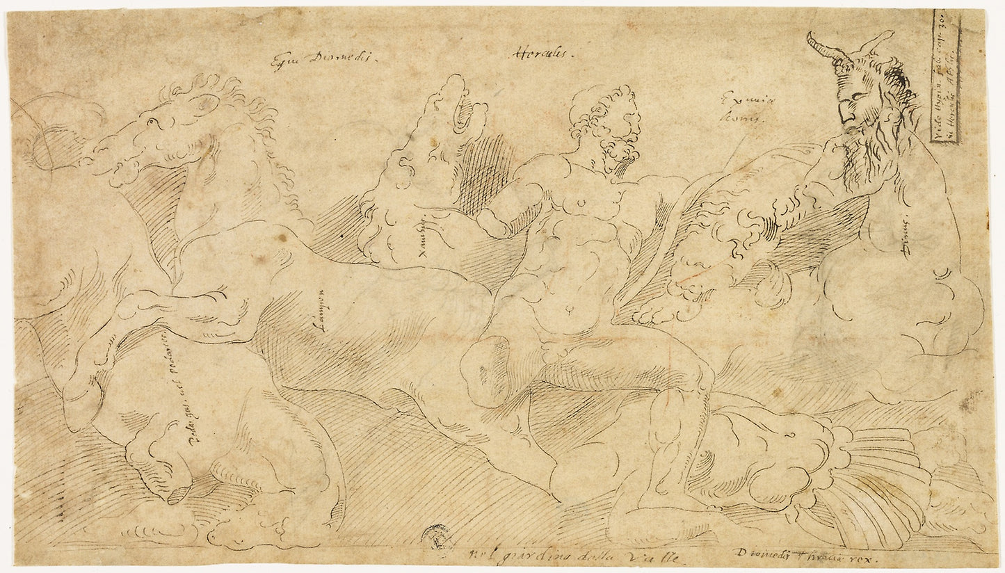 Ancient Relief with Hercules and the Mares of Diomedes (recto); Two Sketches -  Draped Satyr and Winged Female Figure (verso) -  After Girolamo Sellari, called Girolamo da Carpi,  Poster Print Wall Art