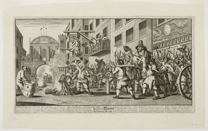 Burning the Rumps at Temple Bar, plate eleven from Hudibras: William Hogarth,16x12