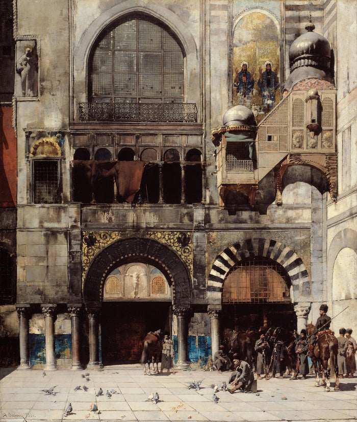 Circassian Cavalry Awaiting their Commanding Officer at the Door of a Byzantine Monument; Memory of the Orient: Alberto Pasini,16x12