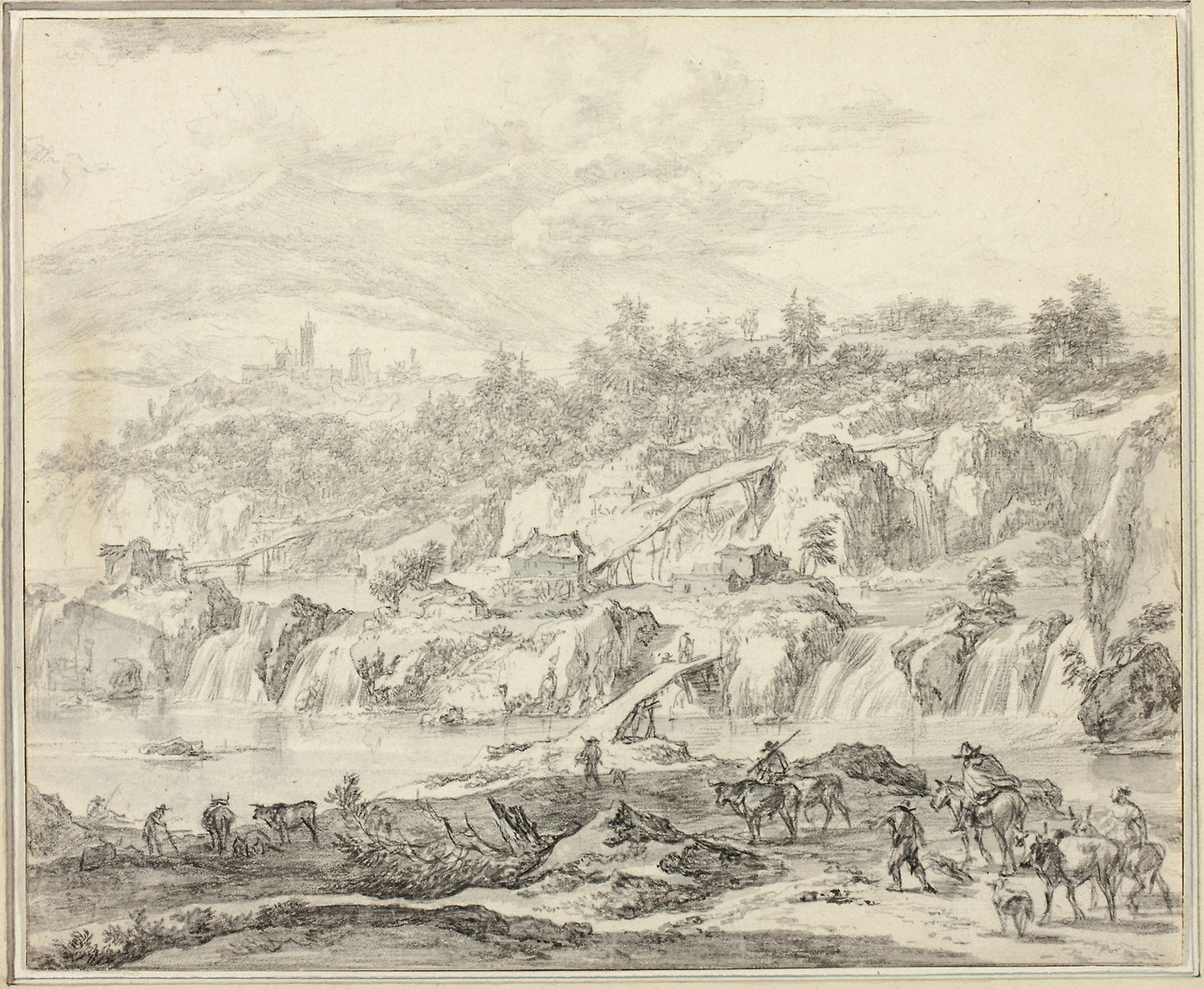 Landscape with Waterfalls and Bridges, Peasants in the Foreground -  Nicolaes Berchem, the Elder,  Poster Print Wall Art