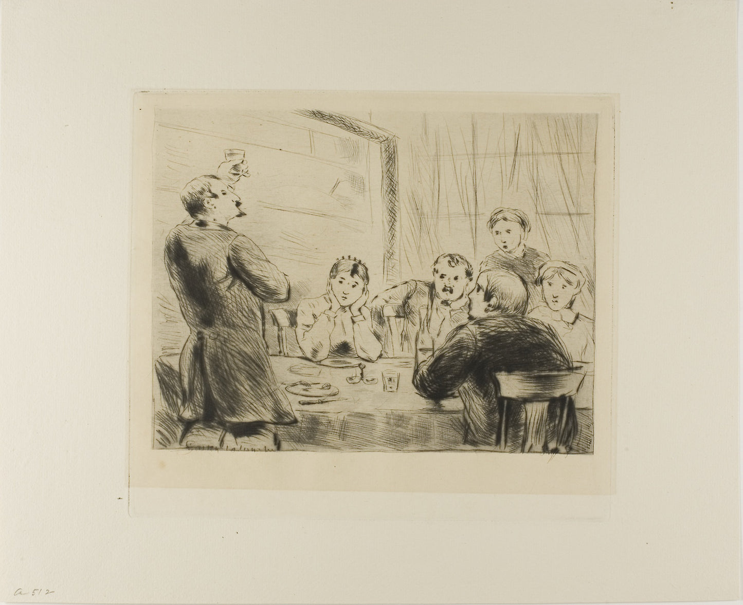 Plate from l'Assommoir (man proposing a toast at table with five other people) -  Gaston La Touche,  Poster Print Wall Art