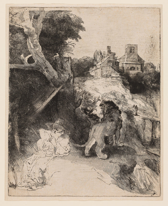 St. Jerome Reading in an Italian Landscape: Rembrandt van Rijn,16x12