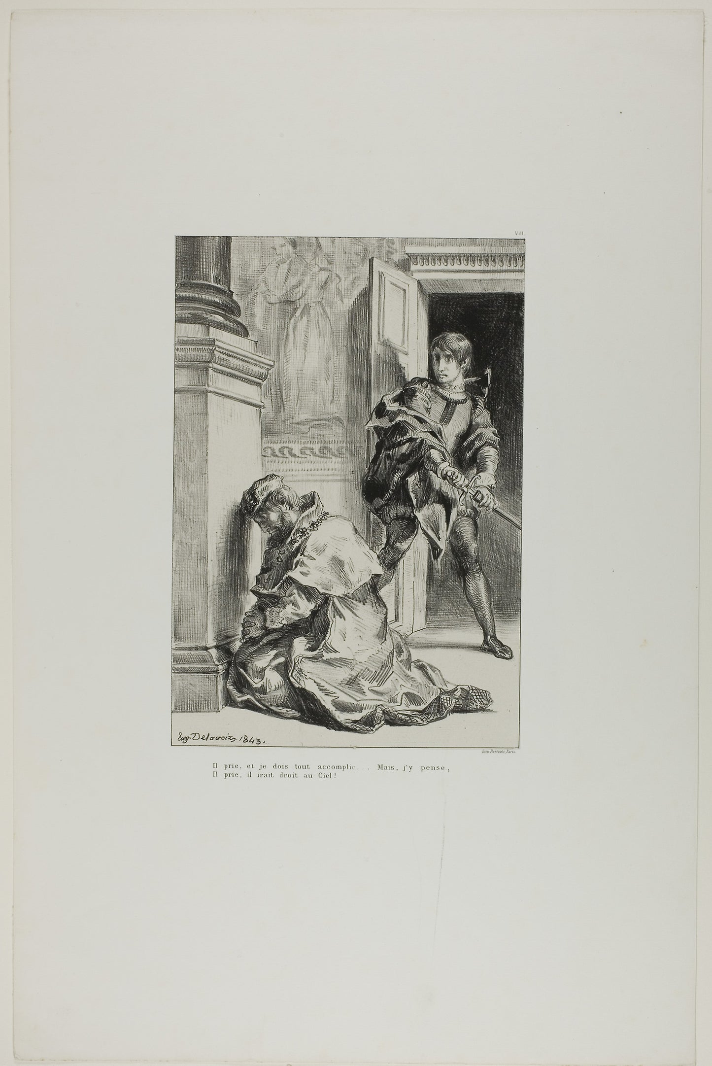 Hamlet Attempts to Slay the King, plate 8 from Hamlet -  Eugène Delacroix,  Poster Print Wall Art