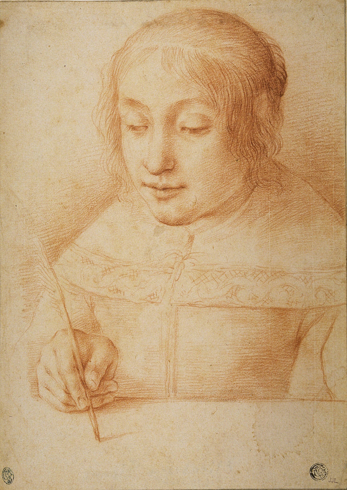 Young Woman Writing or Drawing: Attributed to Elisabetta Sirani,16x12