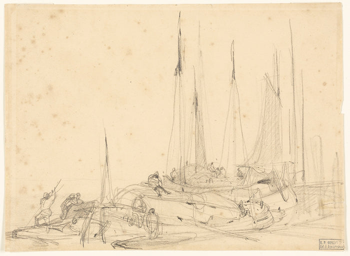 Fishing Boats in Port: Follower of Richard Parkes Bonington,16x12
