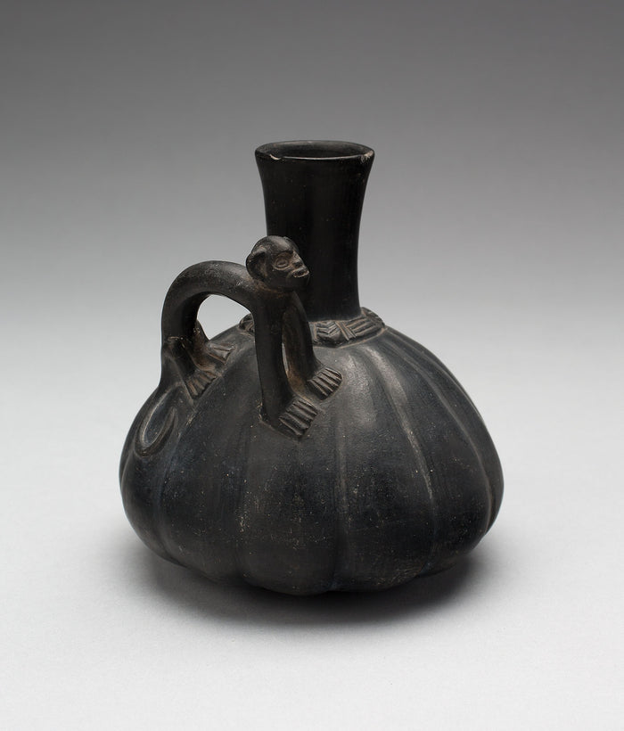 Gourd-Shaped Blackware Jar with Modeled Monkey Handle: Possibly Lambayeque or Inca-Chimu,16x12