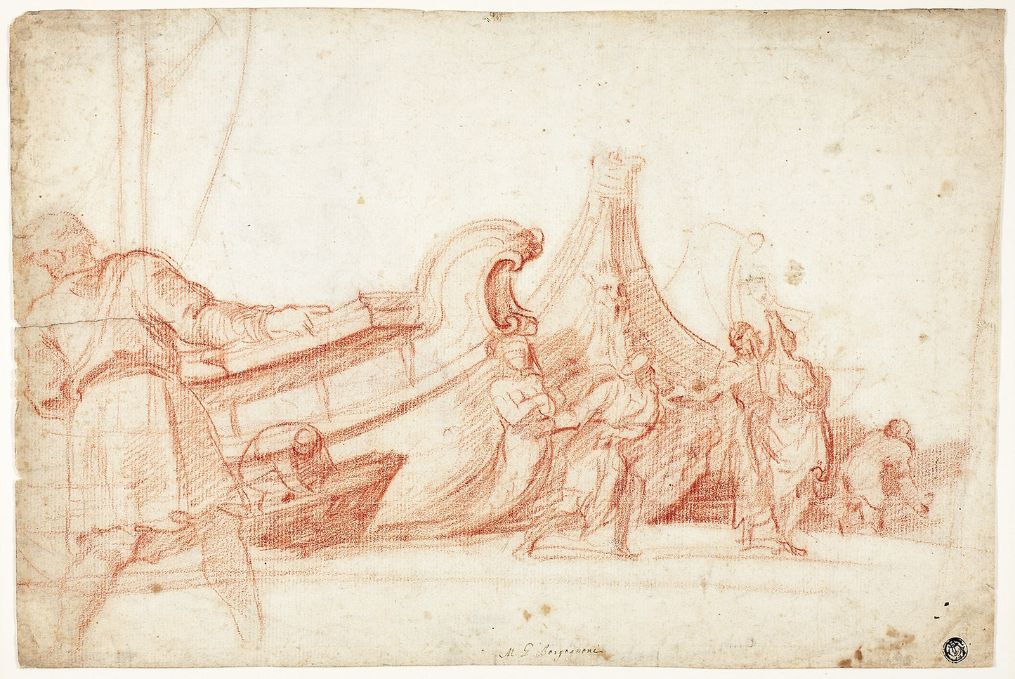 Dock Scene (recto); Two Sketches of Male Figures (verso) -  Guillaume Courtois,  Poster Print Wall Art