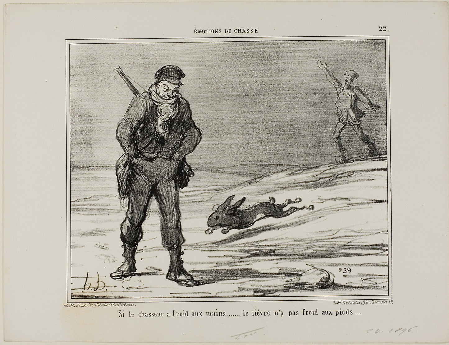 If the Hunter has Cold Hands... the hare doesn't have cold feet, plate 22 from Émotions De Chasse -  Honoré Victorin Daumier,  Poster Print Wall Art