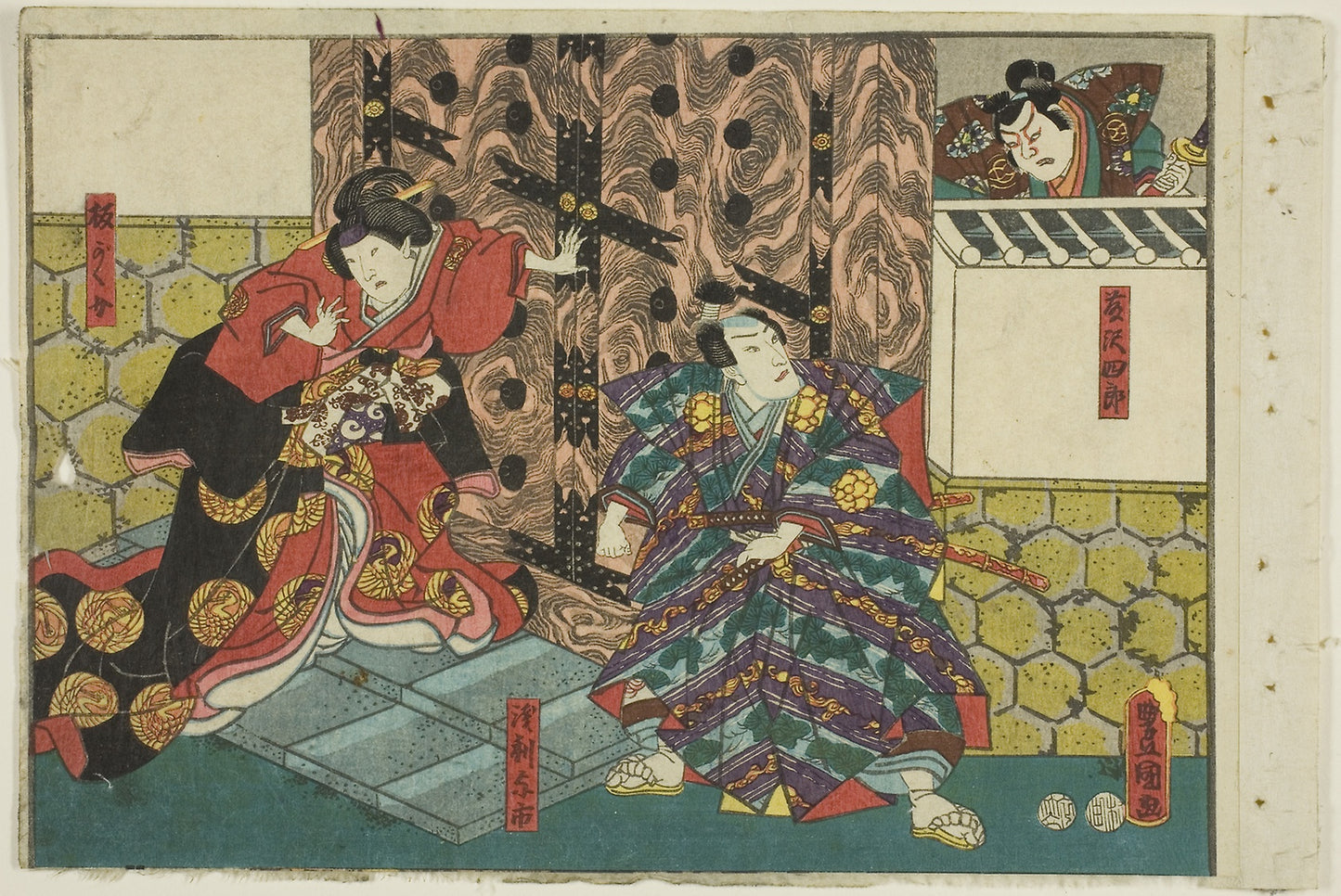 Actors as Fujisawa Shiro, Asari Yoichi, and Hangaku, from an untitled series of half-block images of kabuki scenes -  Utagawa Kunisada I (Toyokuni III),  Poster Print Wall Art