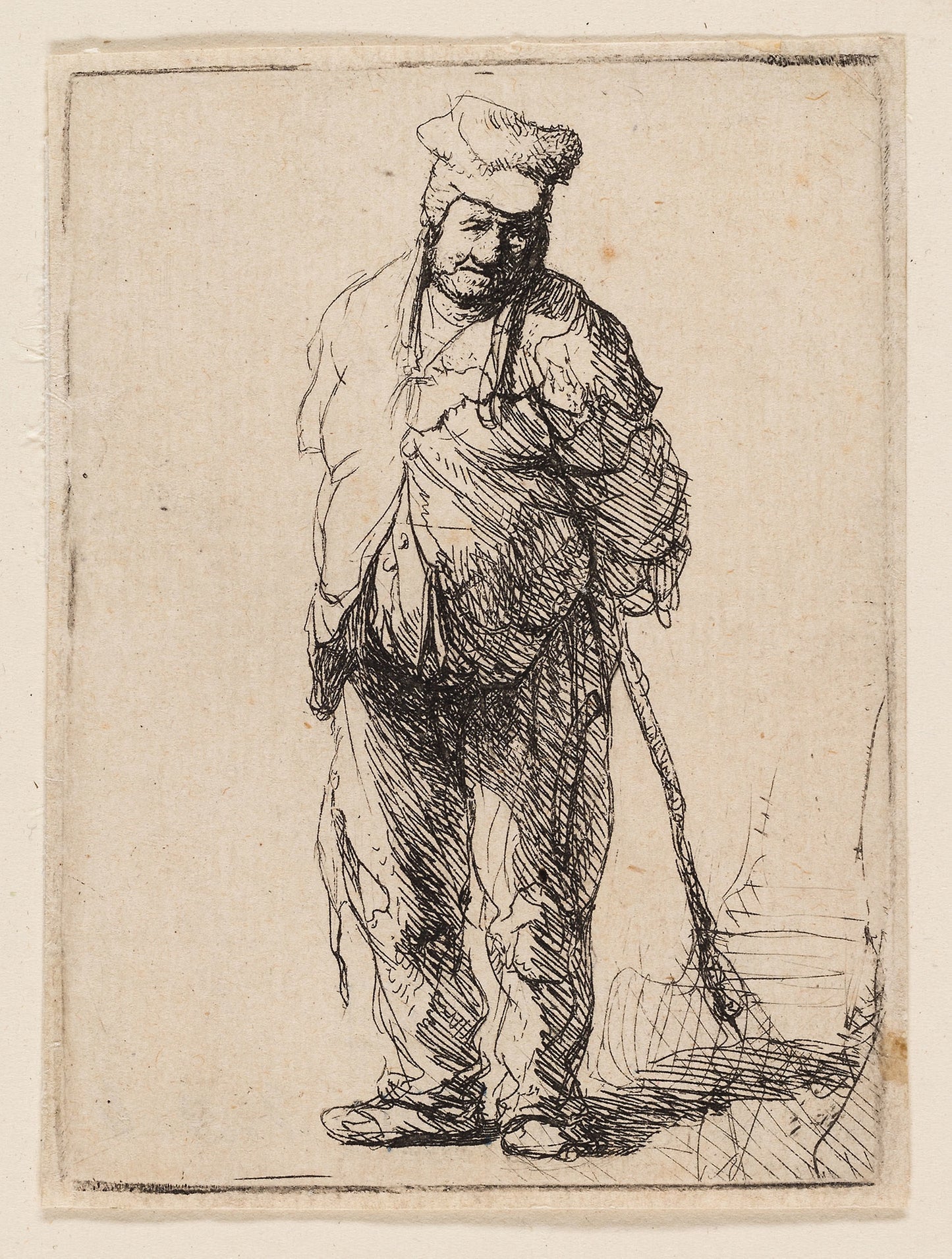 Ragged Peasant with His Hands behind Him, Holding a Stick -  Rembrandt van Rijn,  Poster Print Wall Art