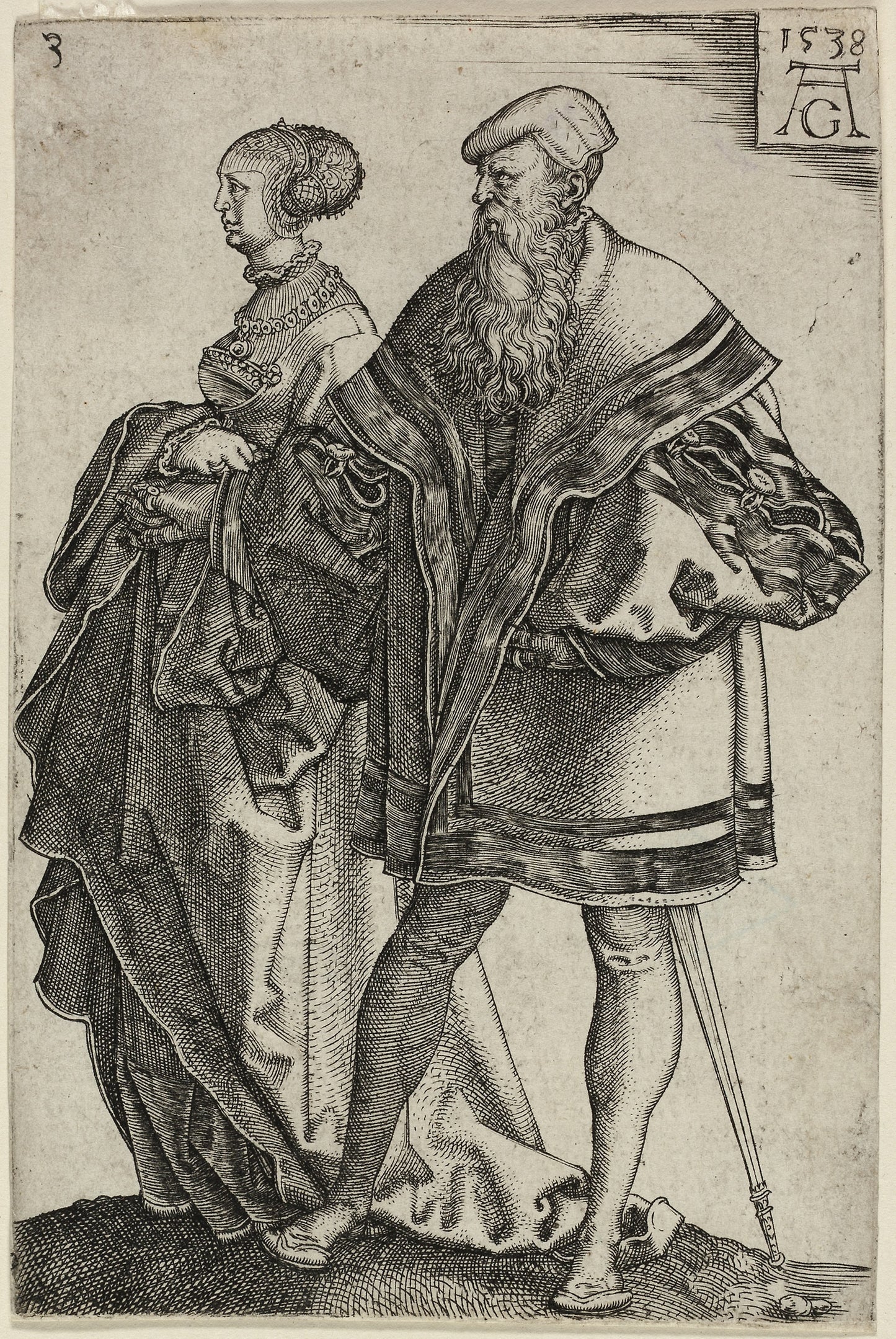 Dancing Couple, plate three from The Large Wedding-Dancers -  Heinrich Aldegrever,  Poster Print Wall Art