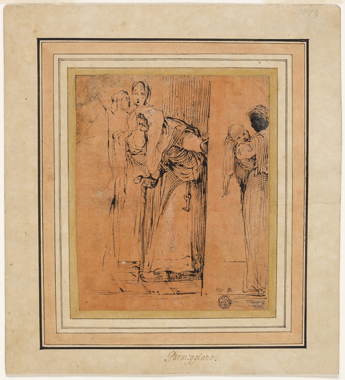 Old Woman with Cane in Door, with Black Maid Holding Child, and Other Figures -  Follower of Francesco Mazzola, called Parmigianino,  Poster Print Wall Art