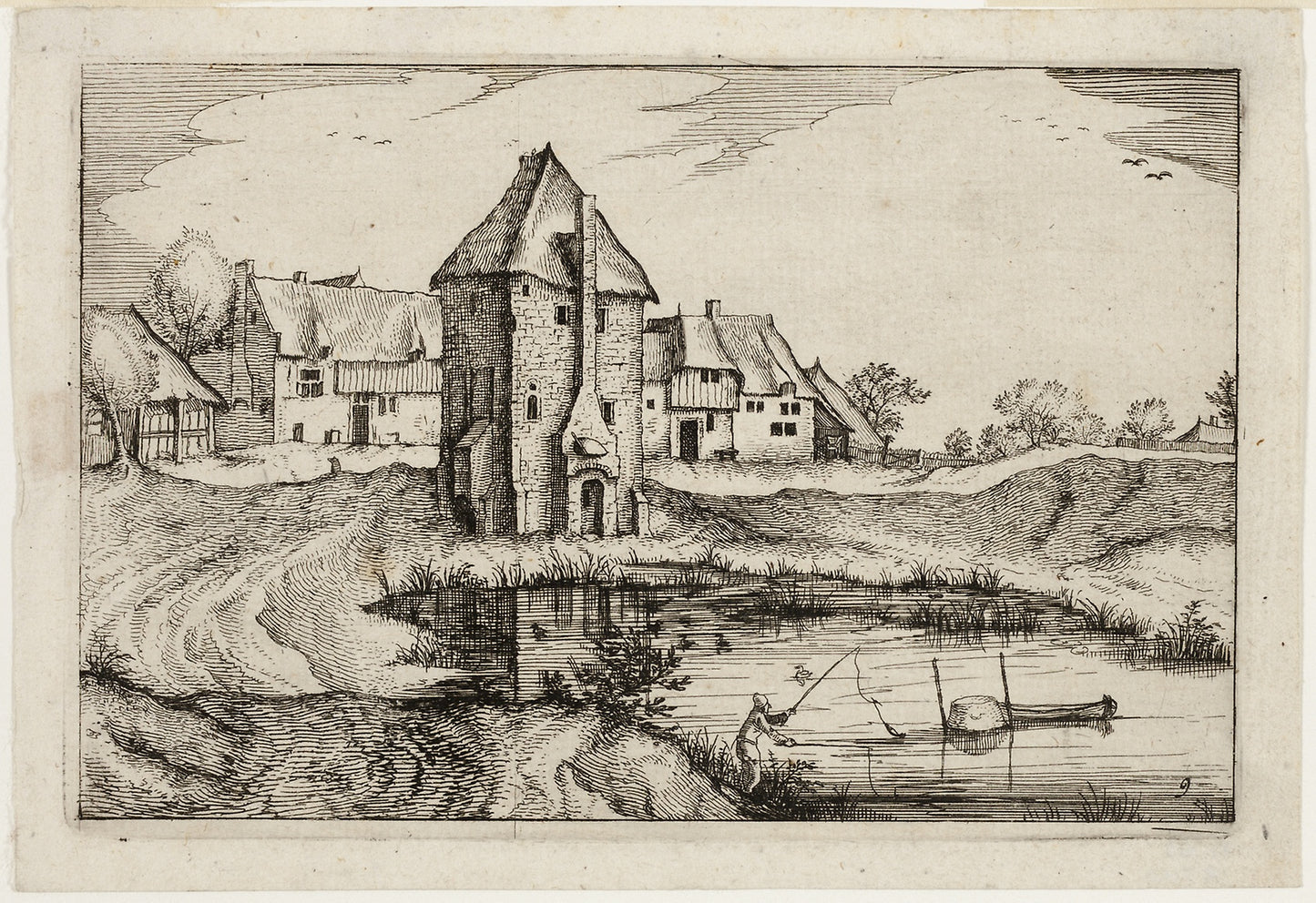 The Pond, plate nine after Pictures of Farms, Country Houses and Rustic Villages (Praediorum villarum et rusticarum casularum icones) -  Claes Jansz. Visscher (Dutch, 1587-1652),  Poster Print Wall Art